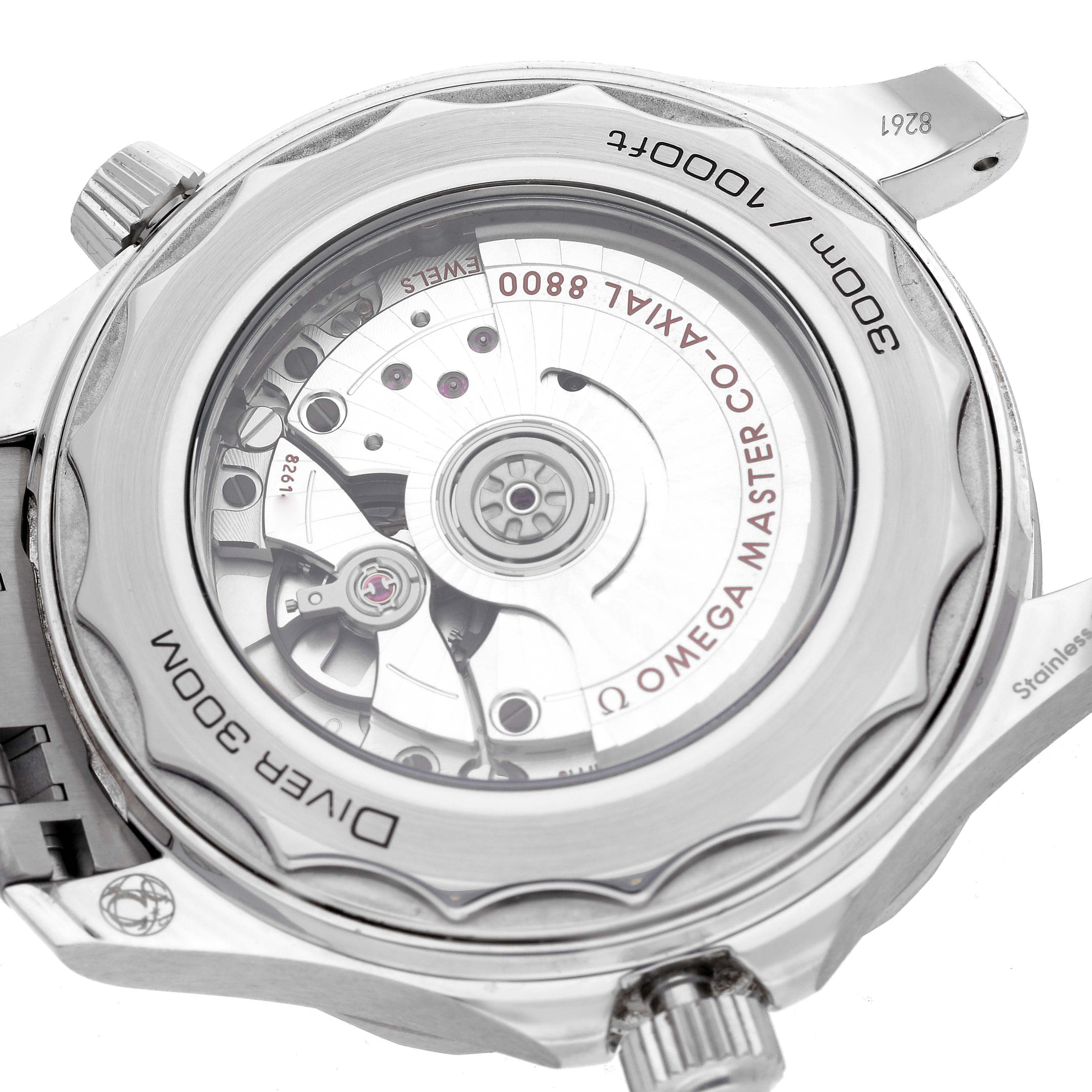 The image shows the back of an Omega Seamaster 210.30.42.20.01.001 Men
s Stainless Steel Black Dial 210.30.42.20.01.001 Men
s Stainless Steel Black Dial, highlighting the transparent case back and visible movement.