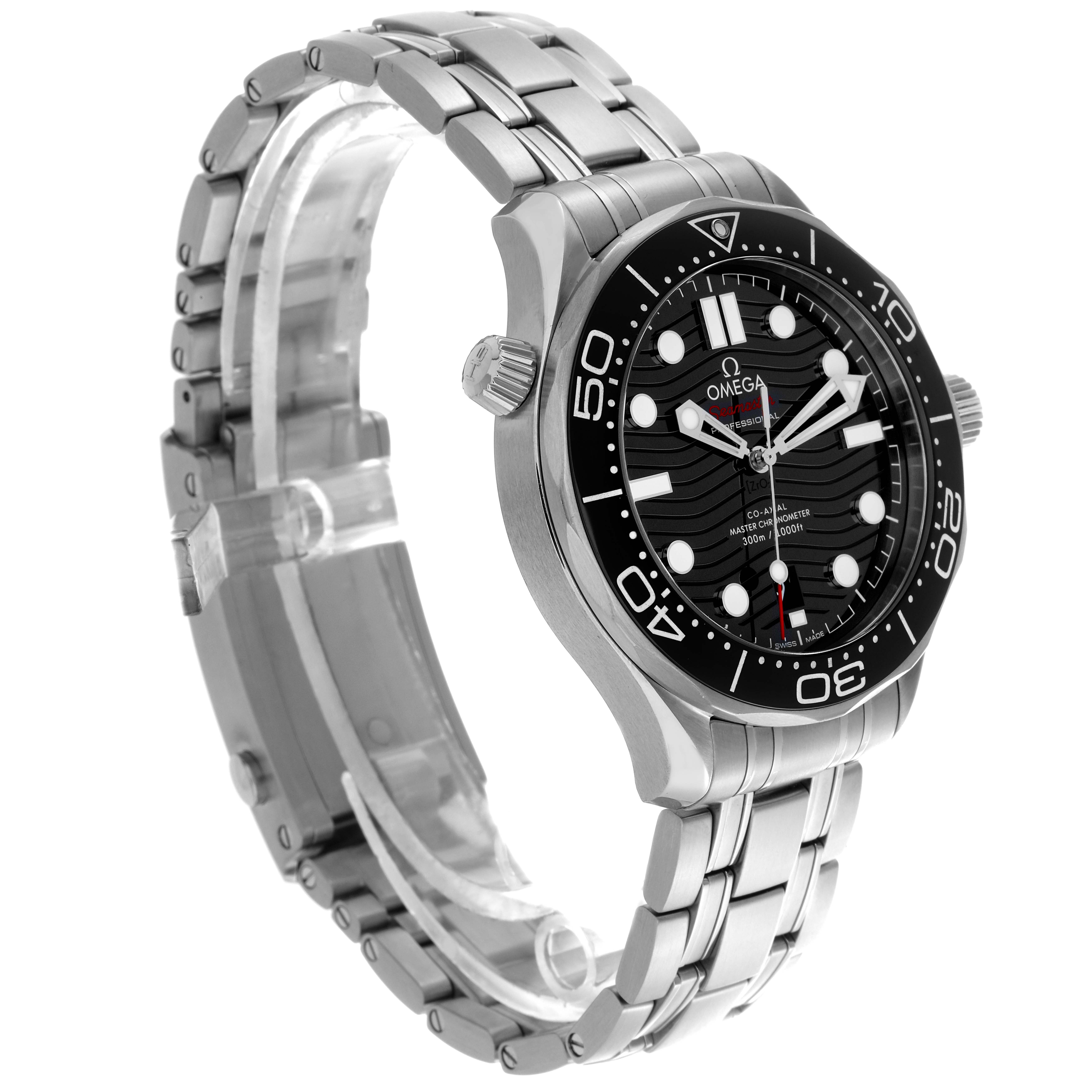 The Omega Seamaster 210.30.42.20.01.001 Men
s Stainless Steel Black Dial 210.30.42.20.01.001 Men
s Stainless Steel Black Dial watch is shown at a side angle, highlighting the stainless steel bracelet, bezel, and face.