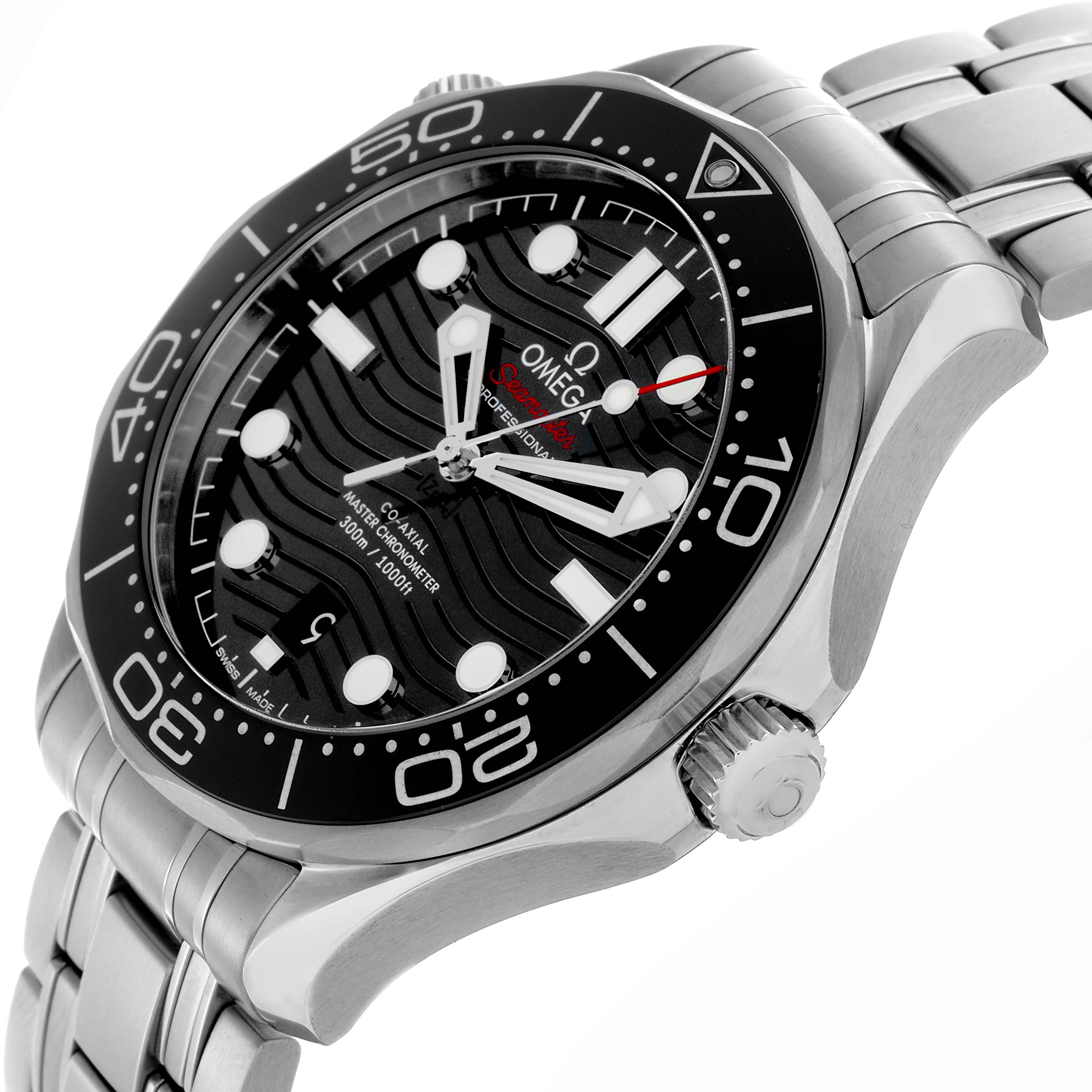 The image shows an angled view of the Omega Seamaster 210.30.42.20.01.001 Men
s Stainless Steel Black Dial 210.30.42.20.01.001 Men
s Stainless Steel Black Dial watch, highlighting the dial, bezel, and bracelet.