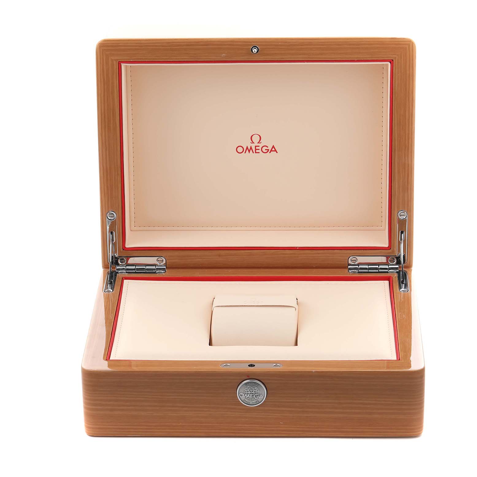 The image shows an open Omega Seamaster 210.30.42.20.01.001 Men
s Stainless Steel Black Dial 210.30.42.20.01.001 Men
s Stainless Steel Black Dial watch box with a wooden exterior and a beige interior.