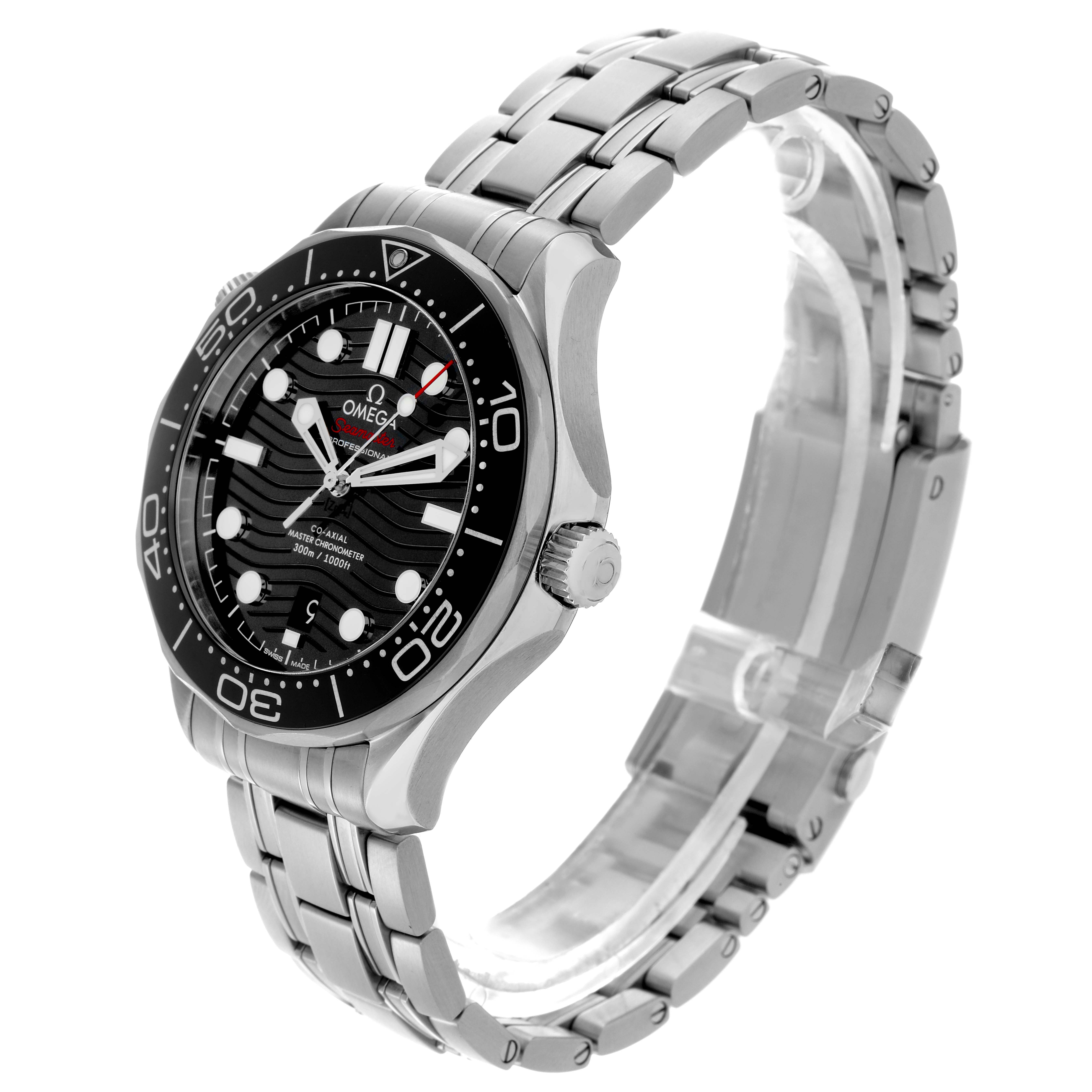 The Omega Seamaster 210.30.42.20.01.001 Men
s Stainless Steel Black Dial 210.30.42.20.01.001 Men
s Stainless Steel Black Dial watch is shown at a three-quarter angle, displaying the dial, bezel, case, and part of the metal bracelet.