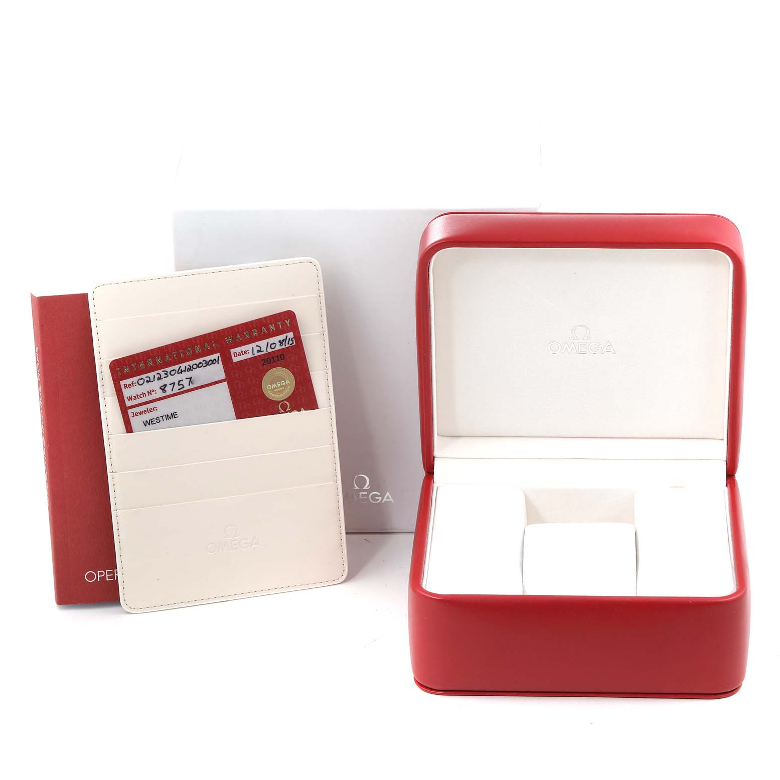 The image shows an Omega Seamaster 212.30.41.20.03.001 Men's Stainless Steel Blue Dial 212.30.41.20.03.001 Men's Stainless Steel Blue Dial watch box, an international warranty card, and an instruction manual.