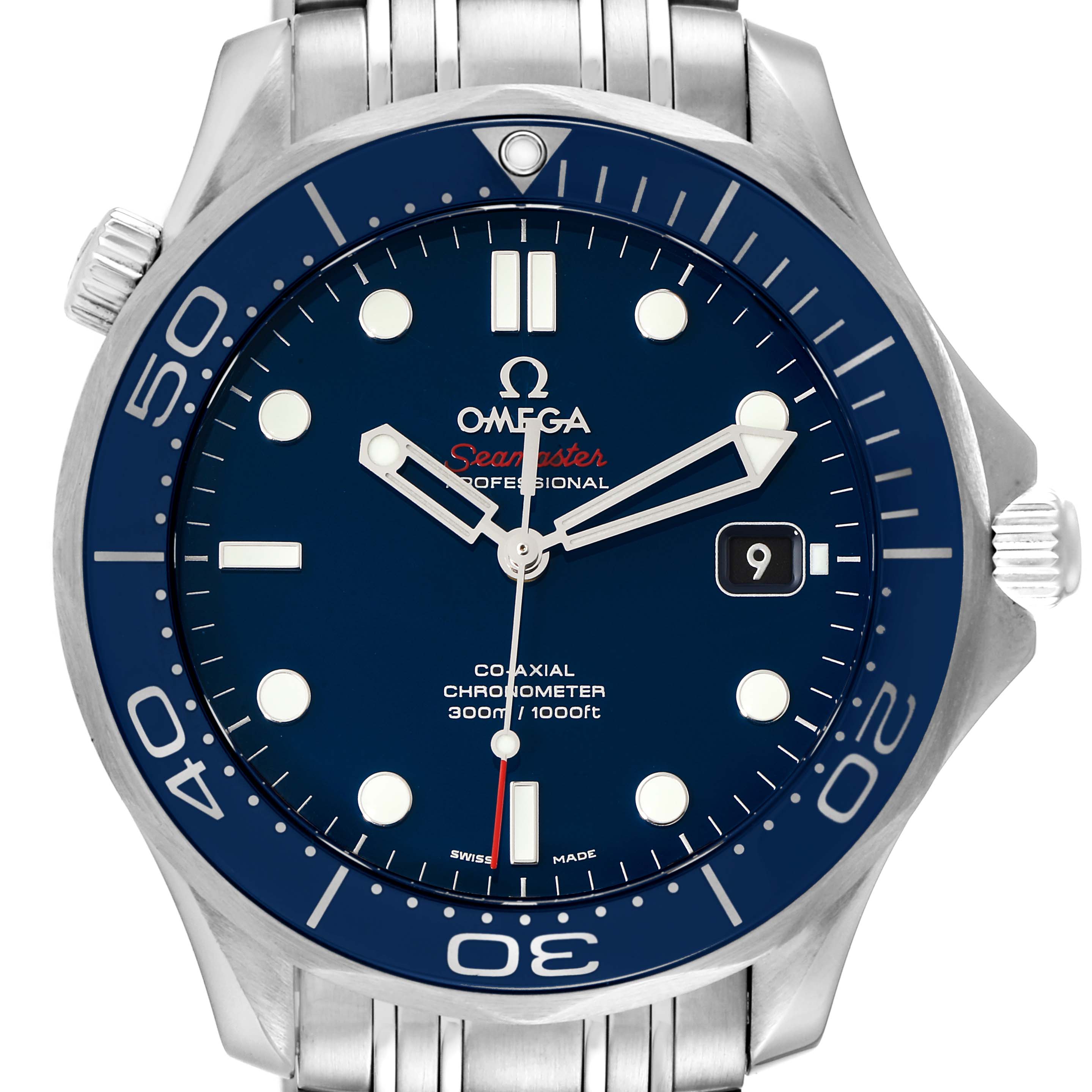 The image shows a front view of an Omega Seamaster 212.30.41.20.03.001 Men's Stainless Steel Blue Dial 212.30.41.20.03.001 Men's Stainless Steel Blue Dial watch, highlighting its dial, bezel, hands, and part of its bracelet.