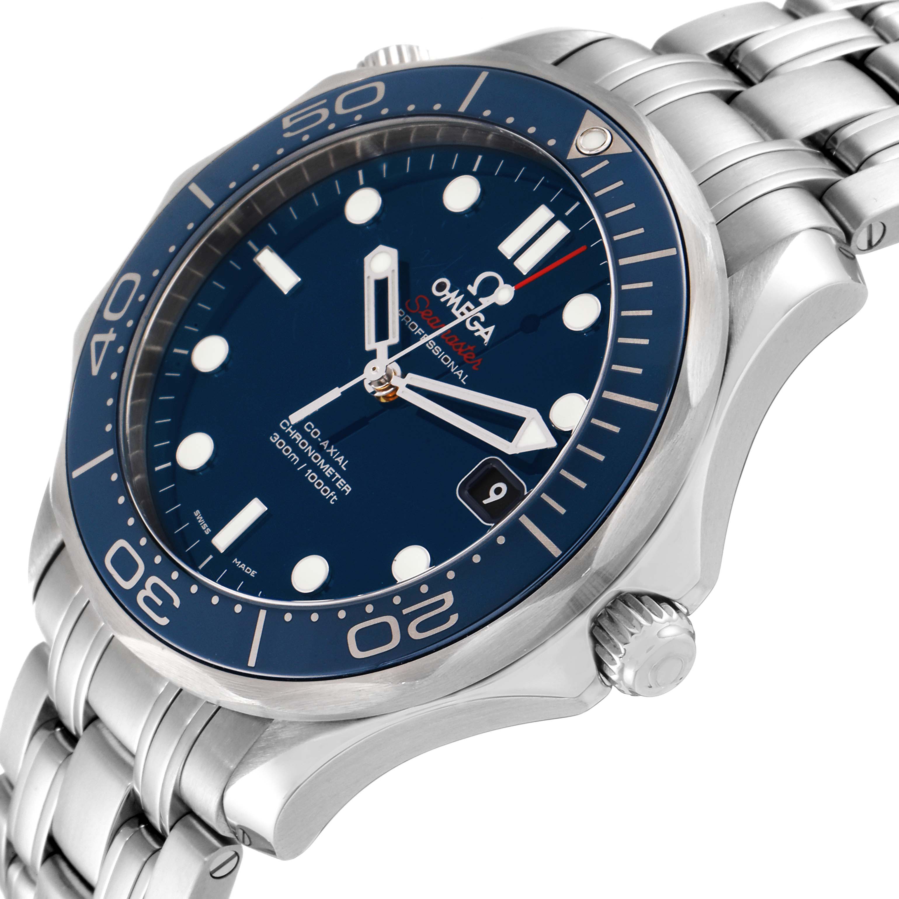 The image shows an angled view of an Omega Seamaster 212.30.41.20.03.001 Men's Stainless Steel Blue Dial 212.30.41.20.03.001 Men's Stainless Steel Blue Dial watch highlighting its blue dial, bezel, crown, and stainless steel bracelet.