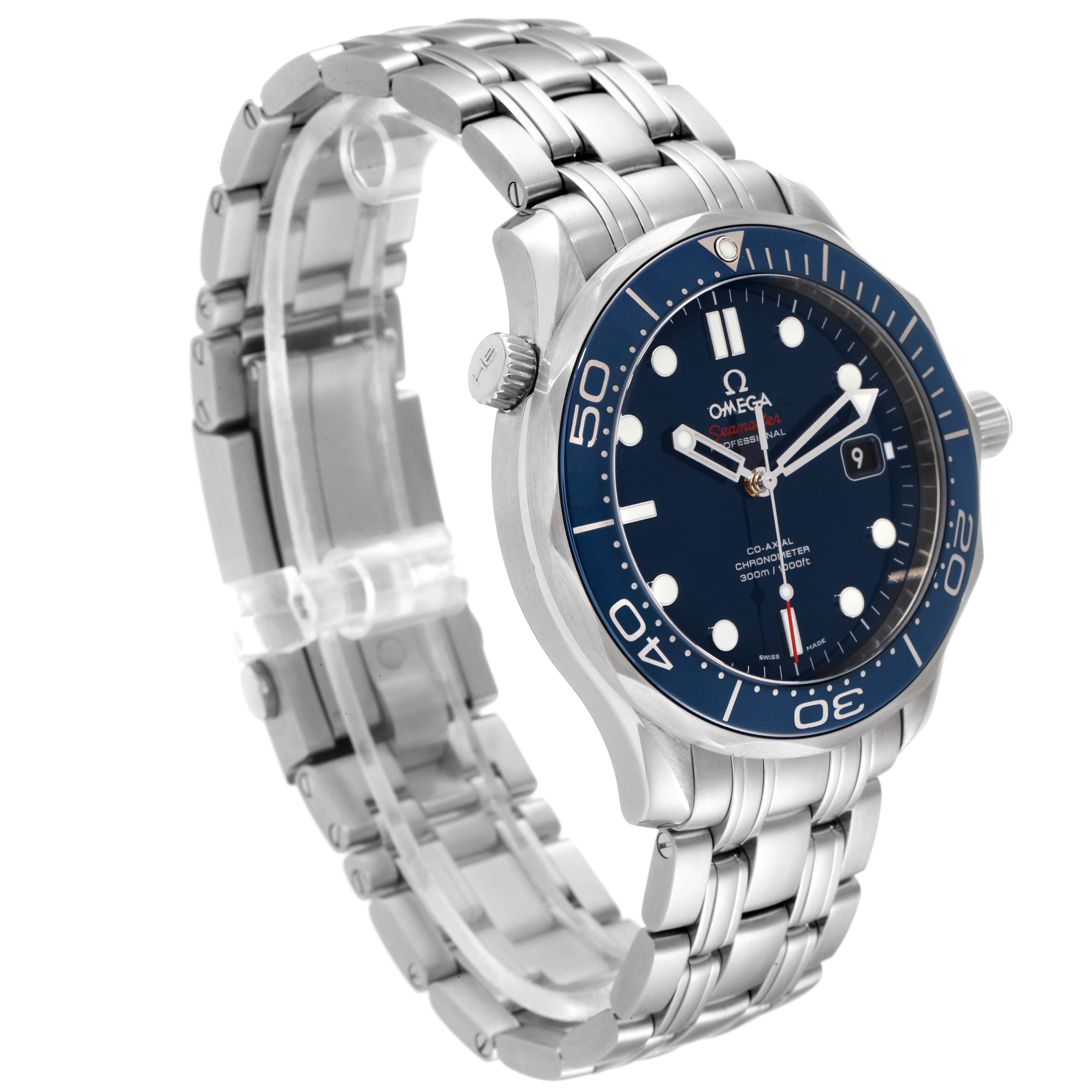 The image shows an Omega Seamaster 212.30.41.20.03.001 Men's Stainless Steel Blue Dial 212.30.41.20.03.001 Men's Stainless Steel Blue Dial watch at a three-quarter angle, highlighting the face, bezel, crown, and metal bracelet.