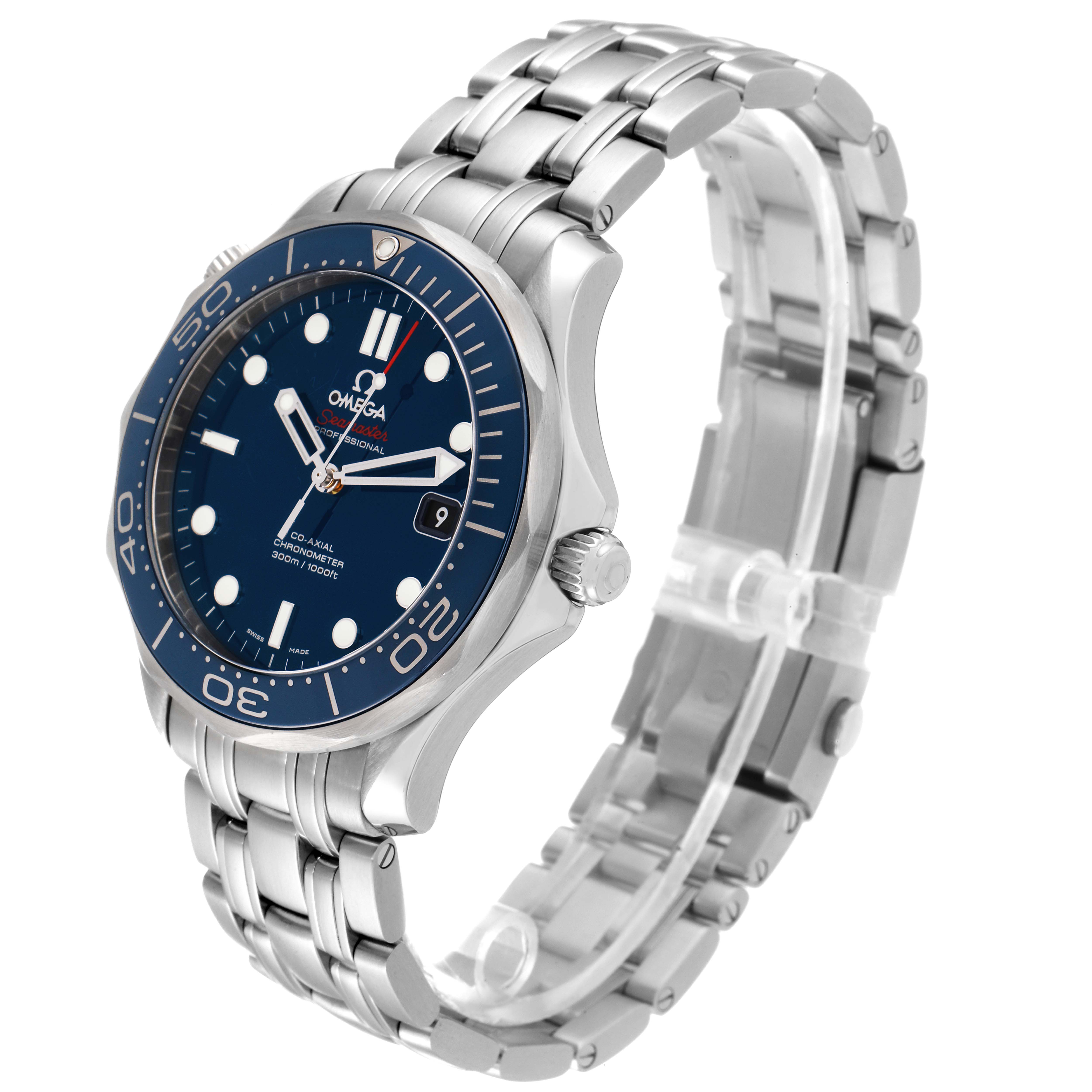 This Omega Seamaster 212.30.41.20.03.001 Men's Stainless Steel Blue Dial 212.30.41.20.03.001 Men's Stainless Steel Blue Dial watch is shown from a slight angular side view, displaying the face, bezel, and metal bracelet.