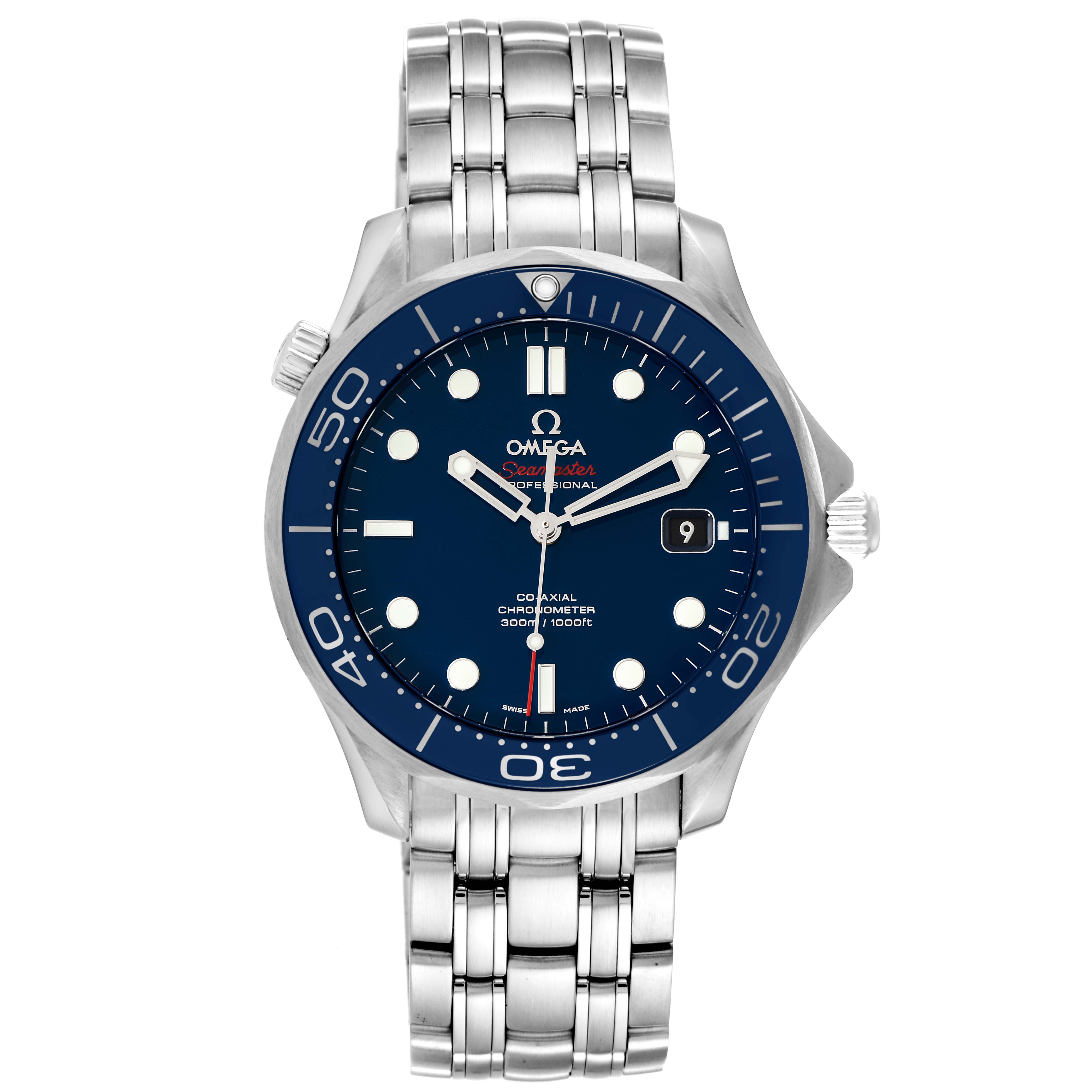 The image shows a front view of the Omega Seamaster 212.30.41.20.03.001 Men's Stainless Steel Blue Dial 212.30.41.20.03.001 Men's Stainless Steel Blue Dial watch, displaying its face, bezel, and stainless steel bracelet.