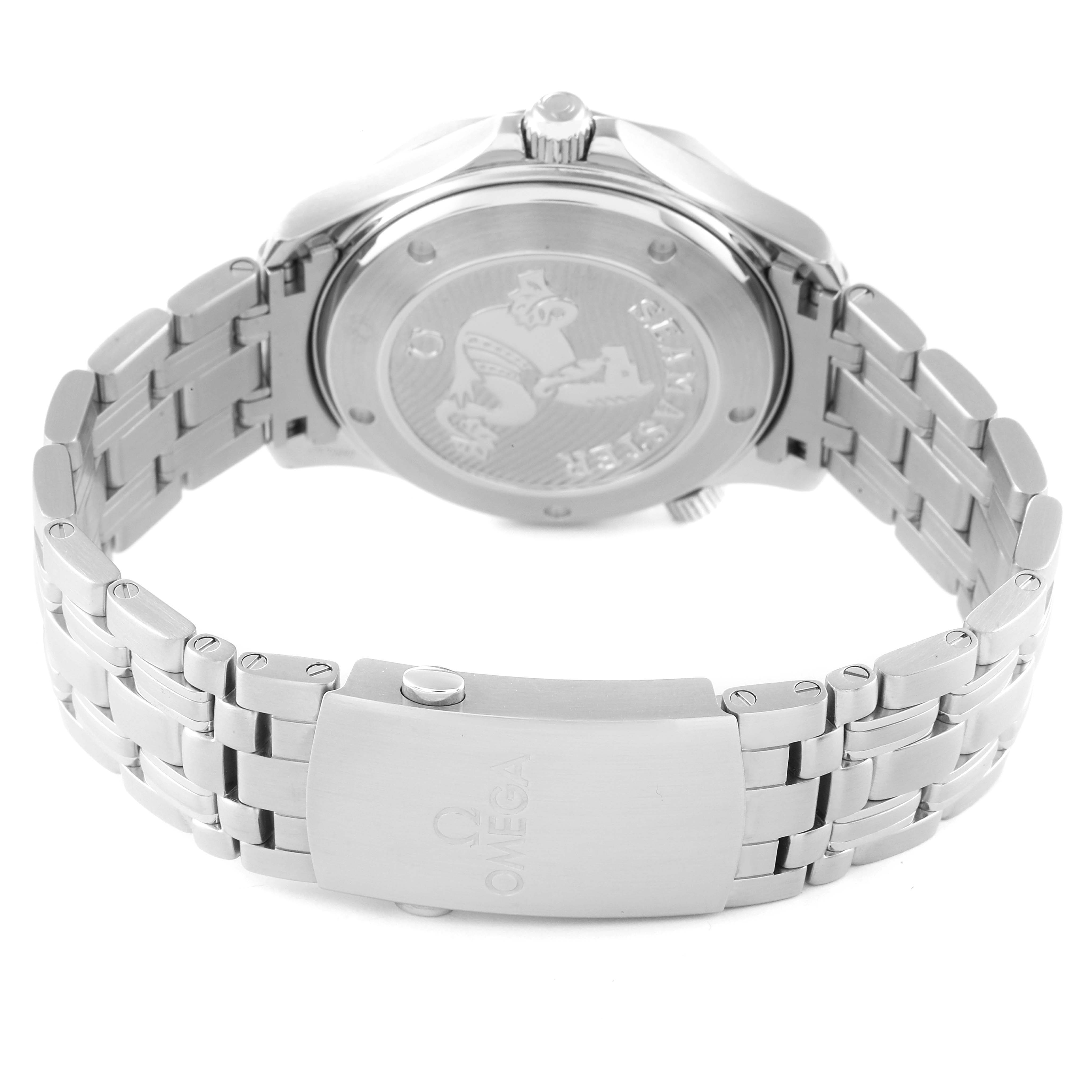 The image shows the back case and clasp of the Omega Seamaster 212.30.41.20.03.001 Men's Stainless Steel Blue Dial 212.30.41.20.03.001 Men's Stainless Steel Blue Dial watch from a rear angle.