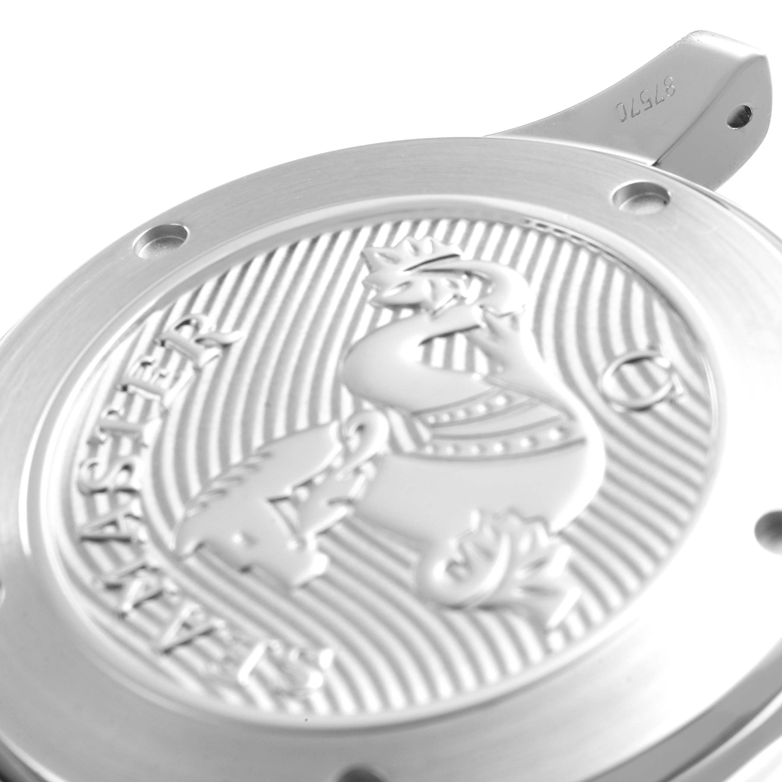 The image shows a close-up of the case back of an Omega Seamaster 212.30.41.20.03.001 Men's Stainless Steel Blue Dial 212.30.41.20.03.001 Men's Stainless Steel Blue Dial watch, highlighting its engraved design and detailing.