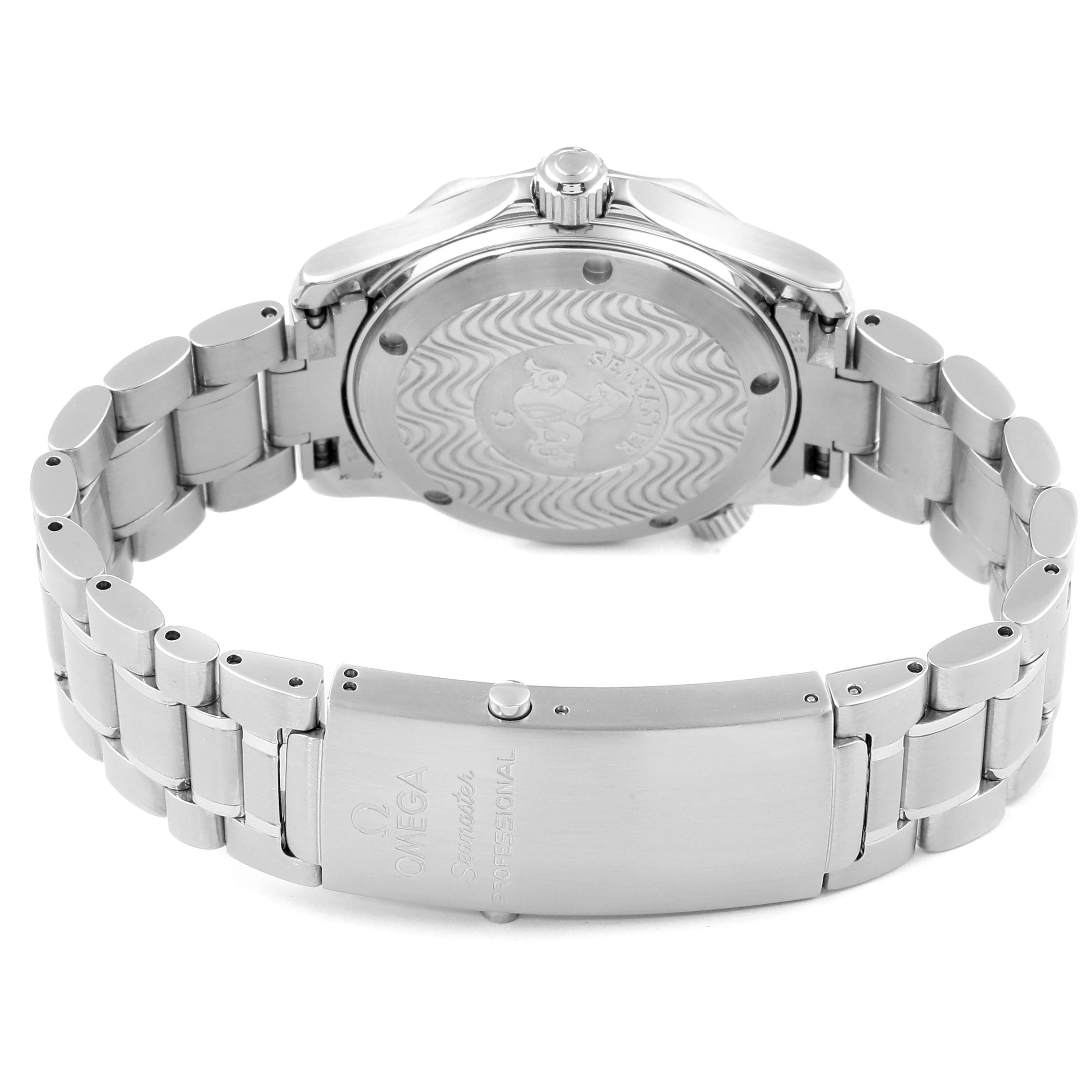 The image shows the back view of the Omega Seamaster 2263.80.00 Men
s Stainless Steel Blue Dial 2263.80.00 Men
s Stainless Steel Blue Dial watch, highlighting the bracelet, clasp, and case back.