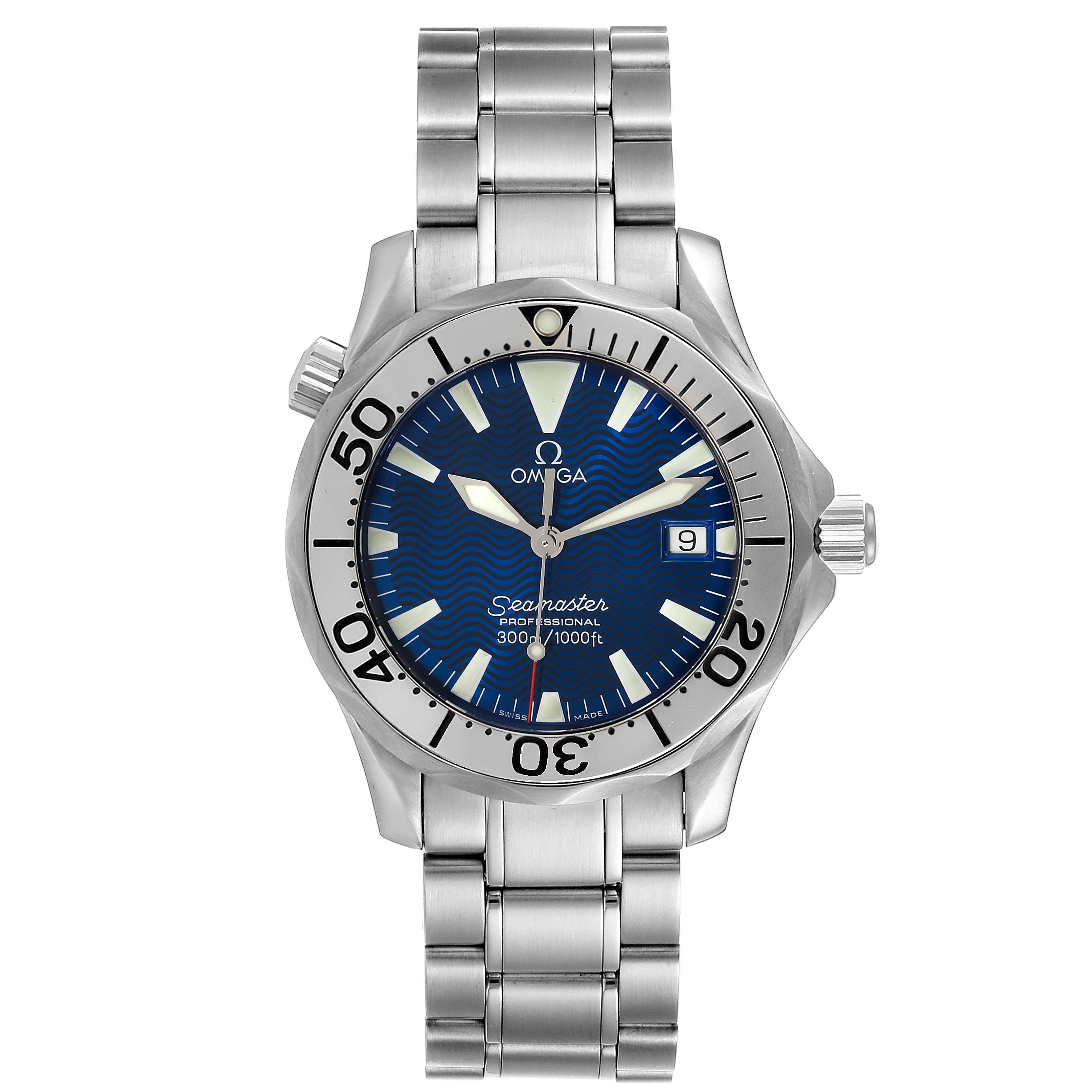 The image shows a front view of the Omega Seamaster 2263.80.00 Men
s Stainless Steel Blue Dial 2263.80.00 Men
s Stainless Steel Blue Dial watch, displaying its face, bezel, crown, and stainless steel bracelet.