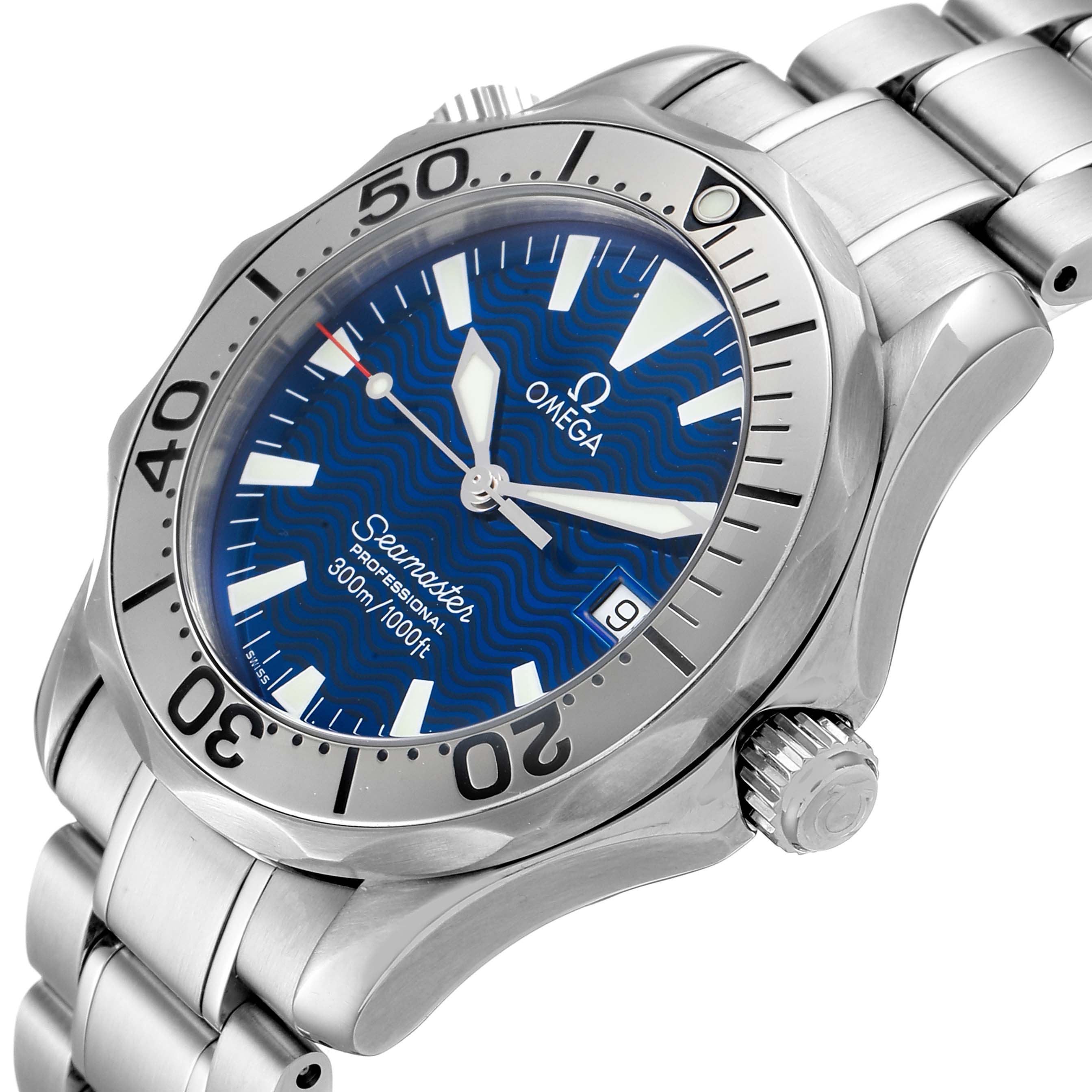 The image shows the Omega Seamaster 2263.80.00 Men
s Stainless Steel Blue Dial 2263.80.00 Men
s Stainless Steel Blue Dial watch at an oblique angle, highlighting the bezel, dial, and stainless steel bracelet.