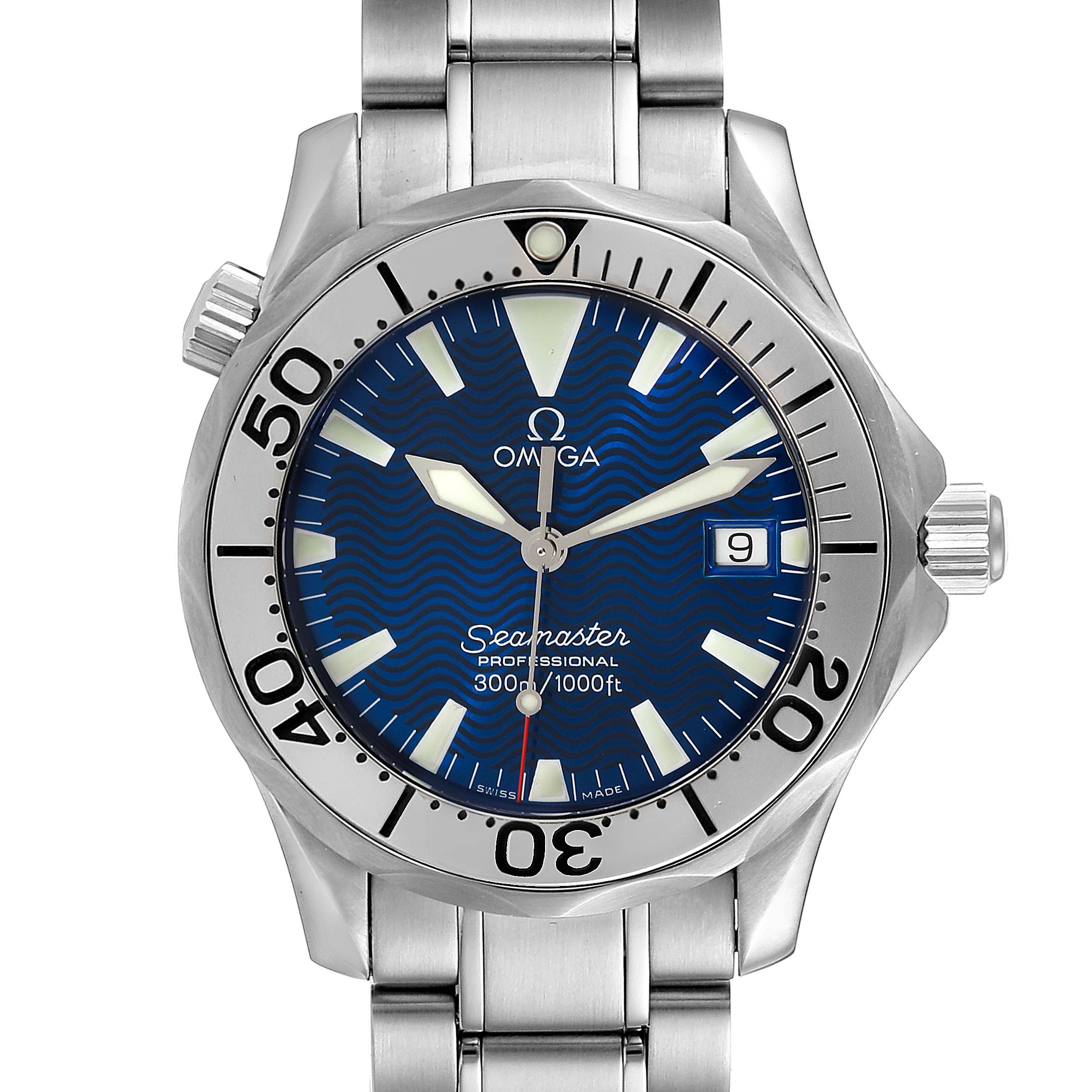 This image shows a front view of the Omega Seamaster 2263.80.00 Men
s Stainless Steel Blue Dial 2263.80.00 Men
s Stainless Steel Blue Dial watch, displaying the dial, bezel, and part of the bracelet.