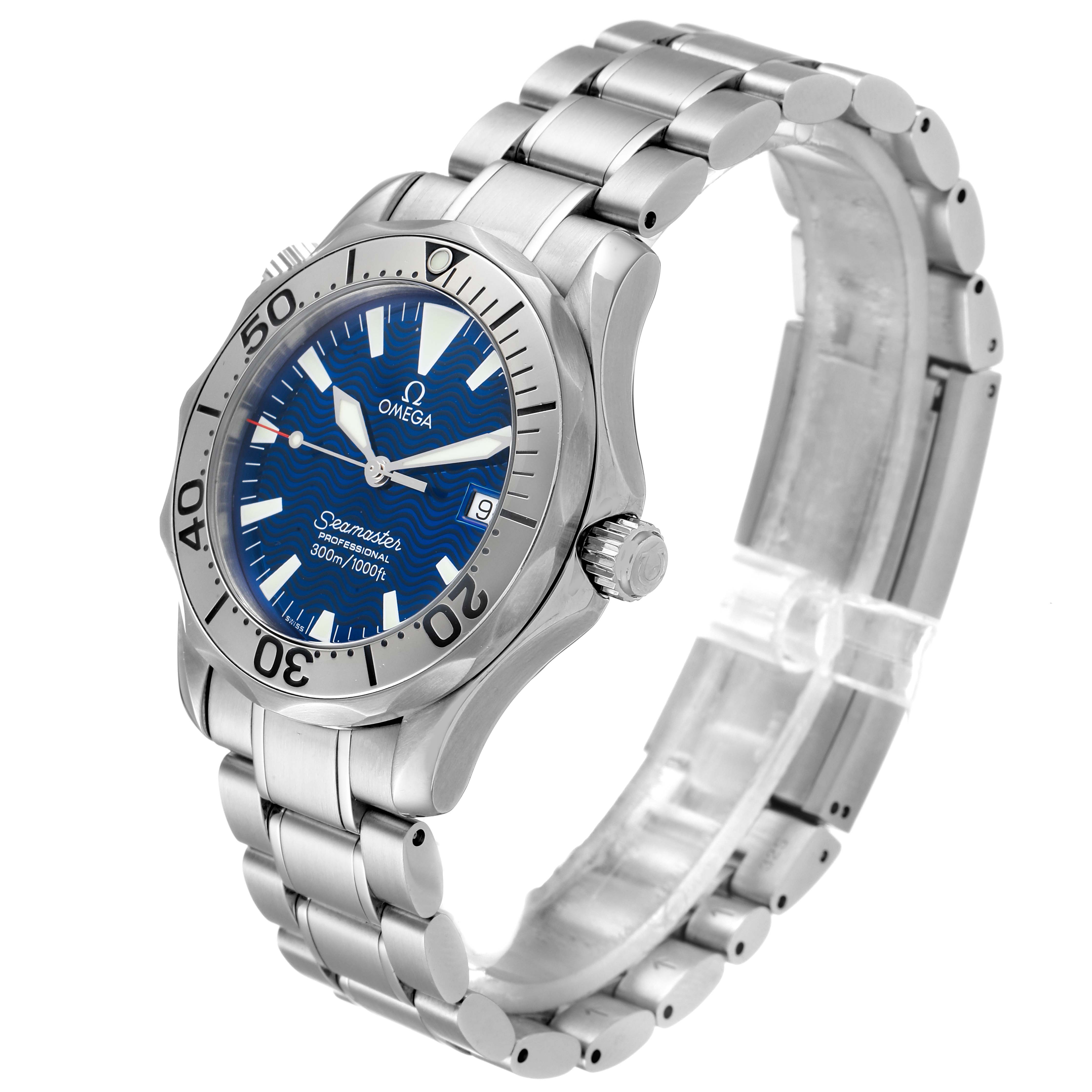 The image shows an Omega Seamaster 2263.80.00 Men
s Stainless Steel Blue Dial 2263.80.00 Men
s Stainless Steel Blue Dial watch at a three-quarter angle, highlighting its case, bezel, dial, bracelet, and crown.