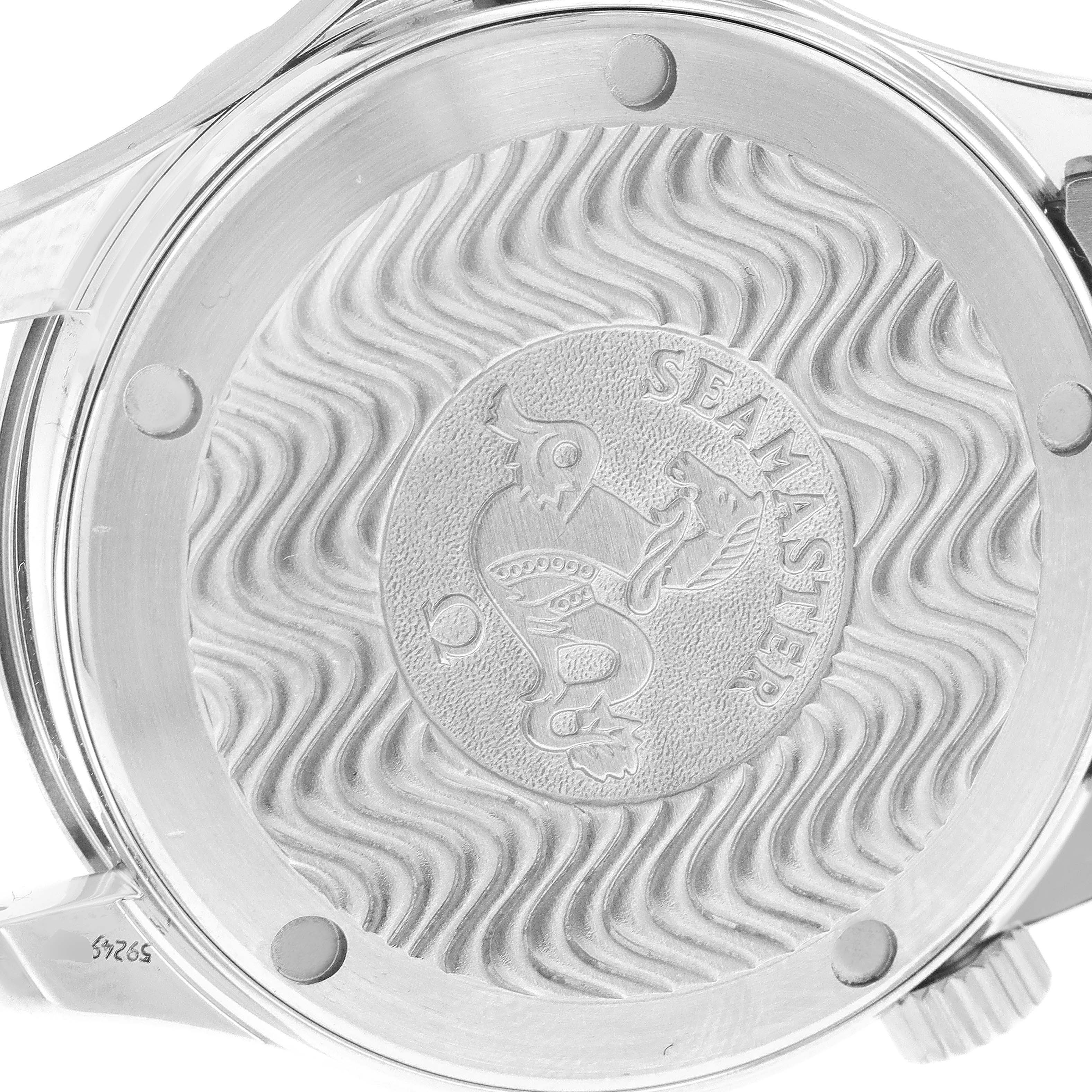 The image shows the engraved case back of an Omega Seamaster 2263.80.00 Men
s Stainless Steel Blue Dial 2263.80.00 Men
s Stainless Steel Blue Dial watch, viewed from the back angle.