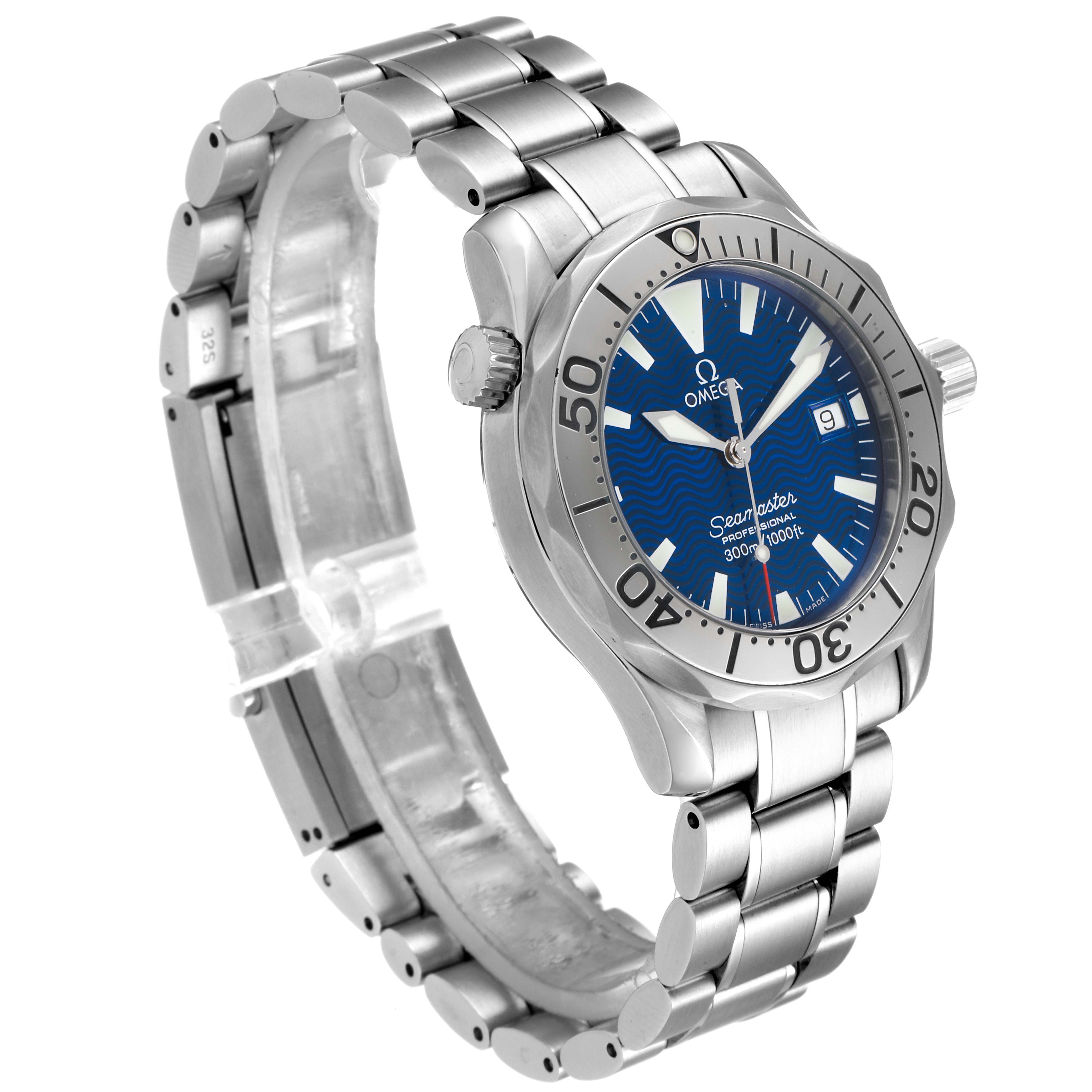 The image shows a side-angle view of the Omega Seamaster 2263.80.00 Men
s Stainless Steel Blue Dial 2263.80.00 Men
s Stainless Steel Blue Dial watch, highlighting the dial, bezel, crown, and stainless steel bracelet.