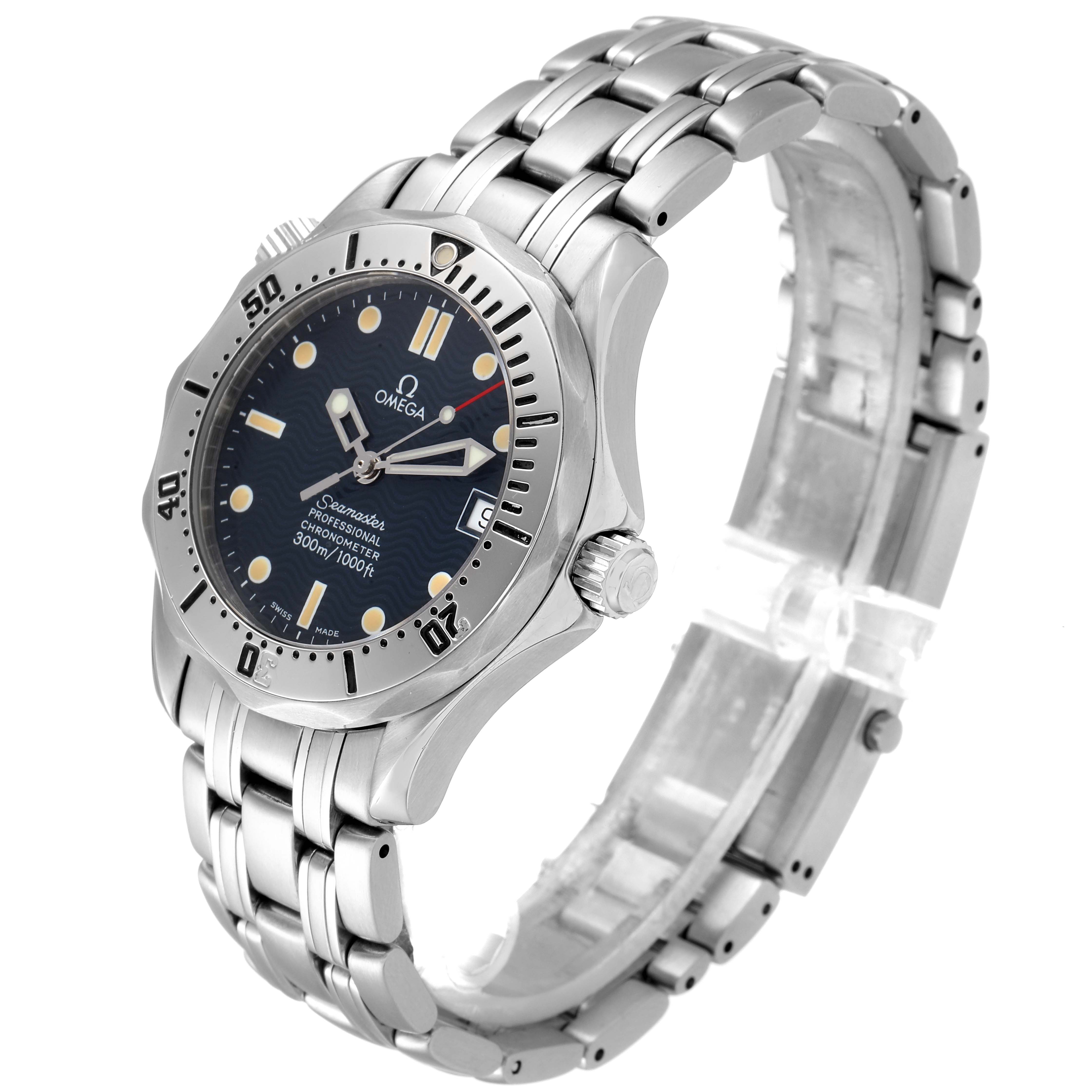 The image shows an Omega Seamaster 2552.80.00 Men's Stainless Steel Blue Dial 2552.80.00 Men's Stainless Steel Blue Dial watch at a three-quarter angle, highlighting the face, bezel, crown, and bracelet.
