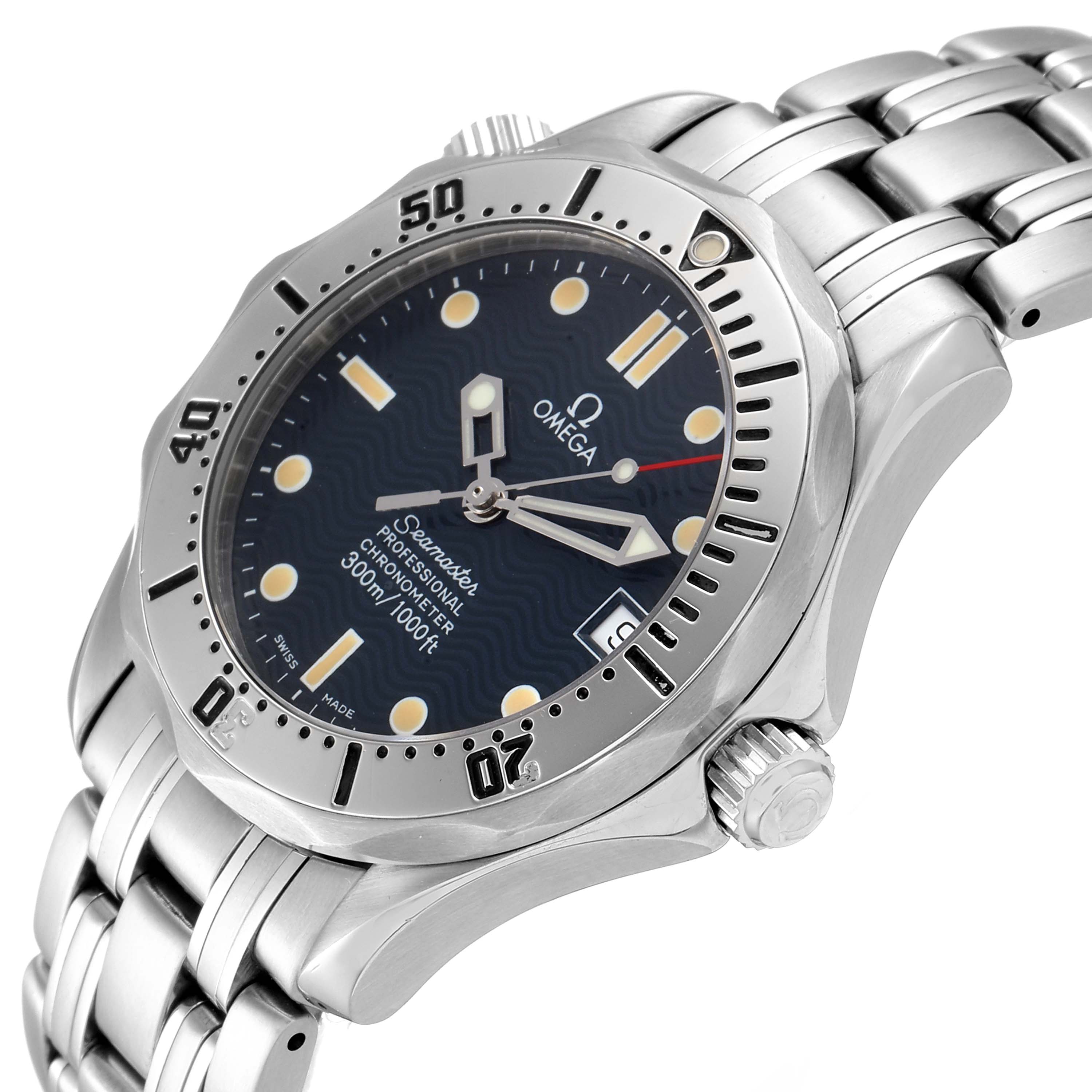 The image shows an angled view of the Omega Seamaster 2552.80.00 Men's Stainless Steel Blue Dial 2552.80.00 Men's Stainless Steel Blue Dial watch, highlighting its bezel, dial, bracelet, and crown.