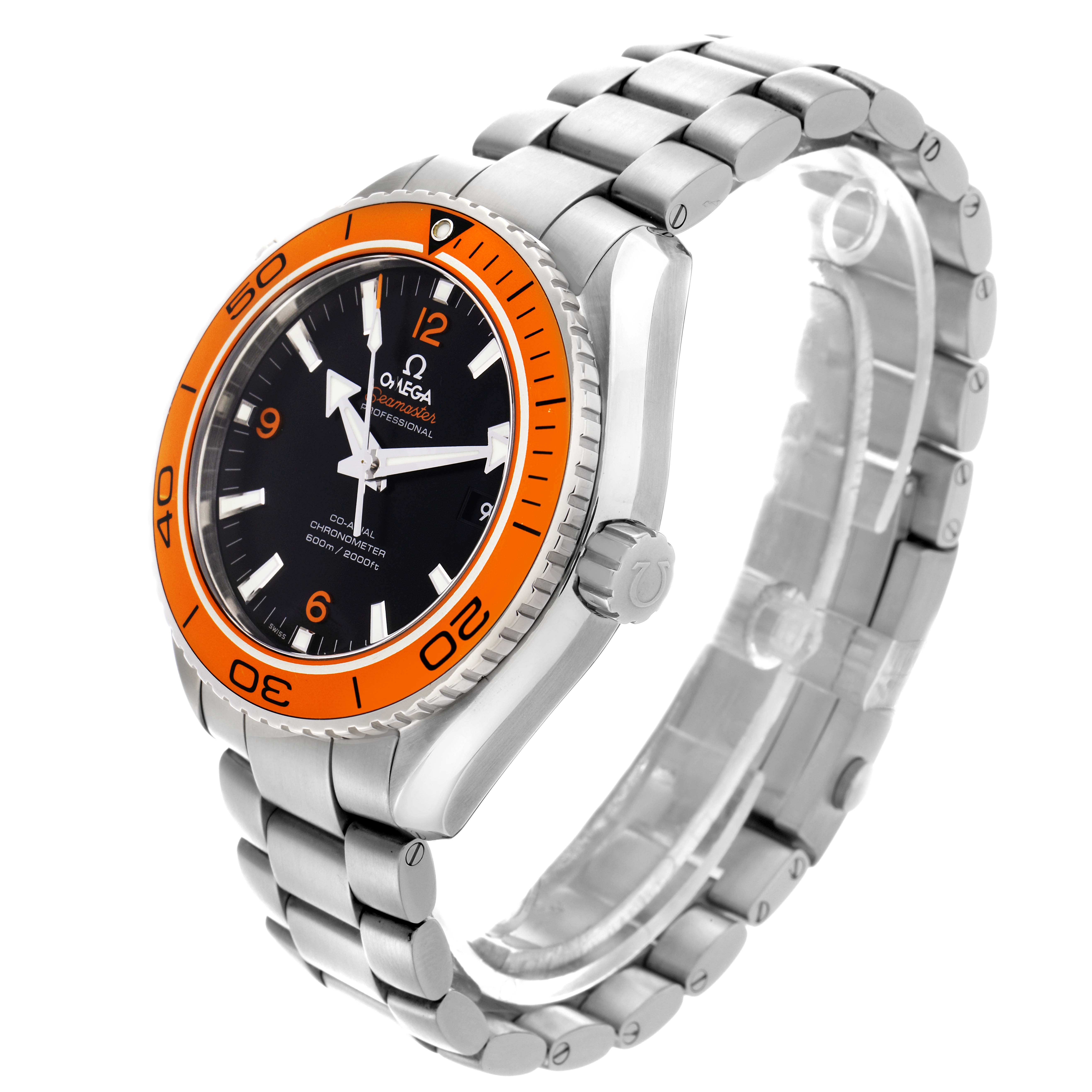 The Omega Speedmaster 232.30.46.21.01.002 Men's Stainless Steel Black Dial 232.30.46.21.01.002 Men's Stainless Steel Black Dial is shown at a three-quarter angle, highlighting the face, orange bezel, crown, and stainless steel bracelet.