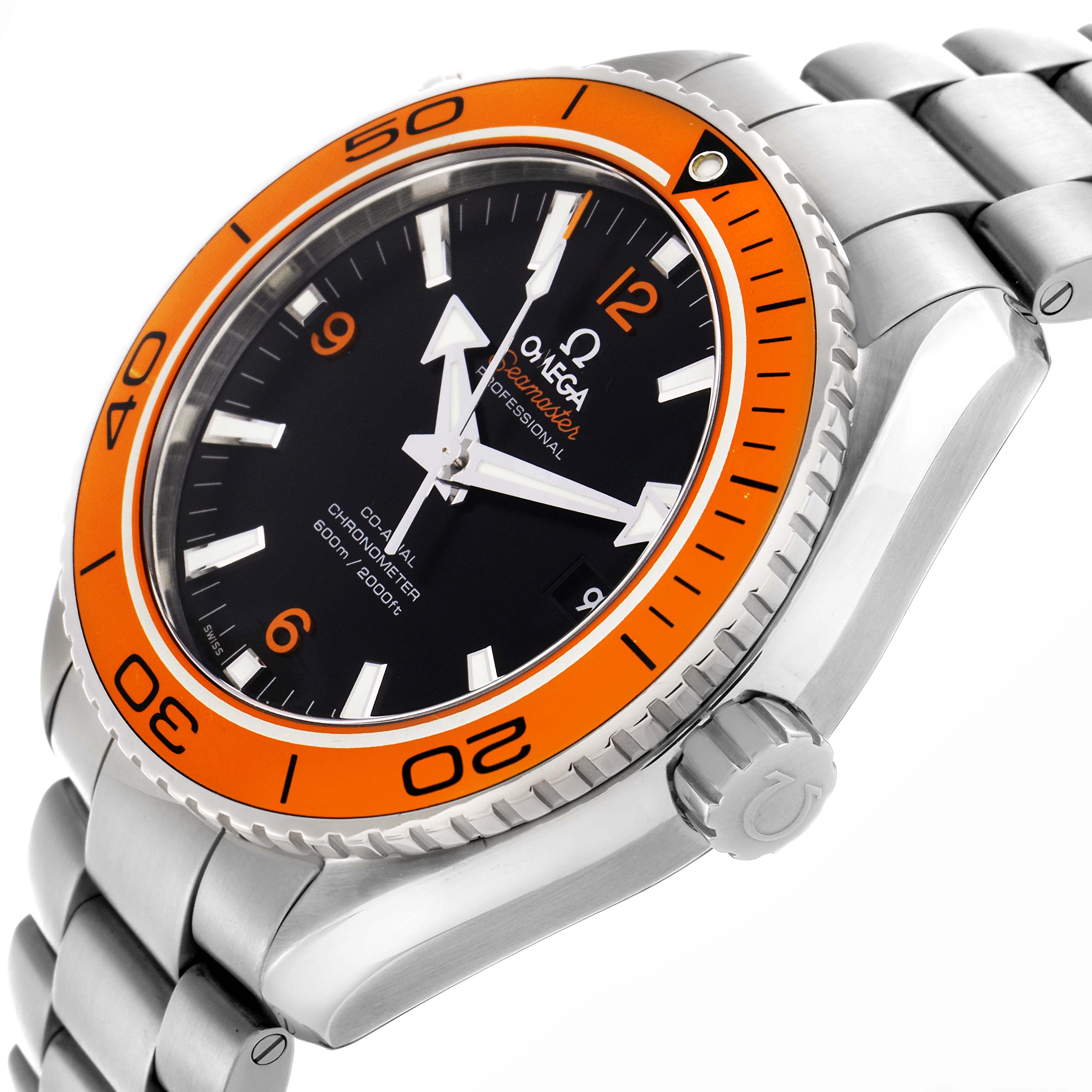 The Omega Speedmaster 232.30.46.21.01.002 Men's Stainless Steel Black Dial 232.30.46.21.01.002 Men's Stainless Steel Black Dial watch is shown at an angle highlighting the orange bezel, crown, and part of the stainless steel bracelet.