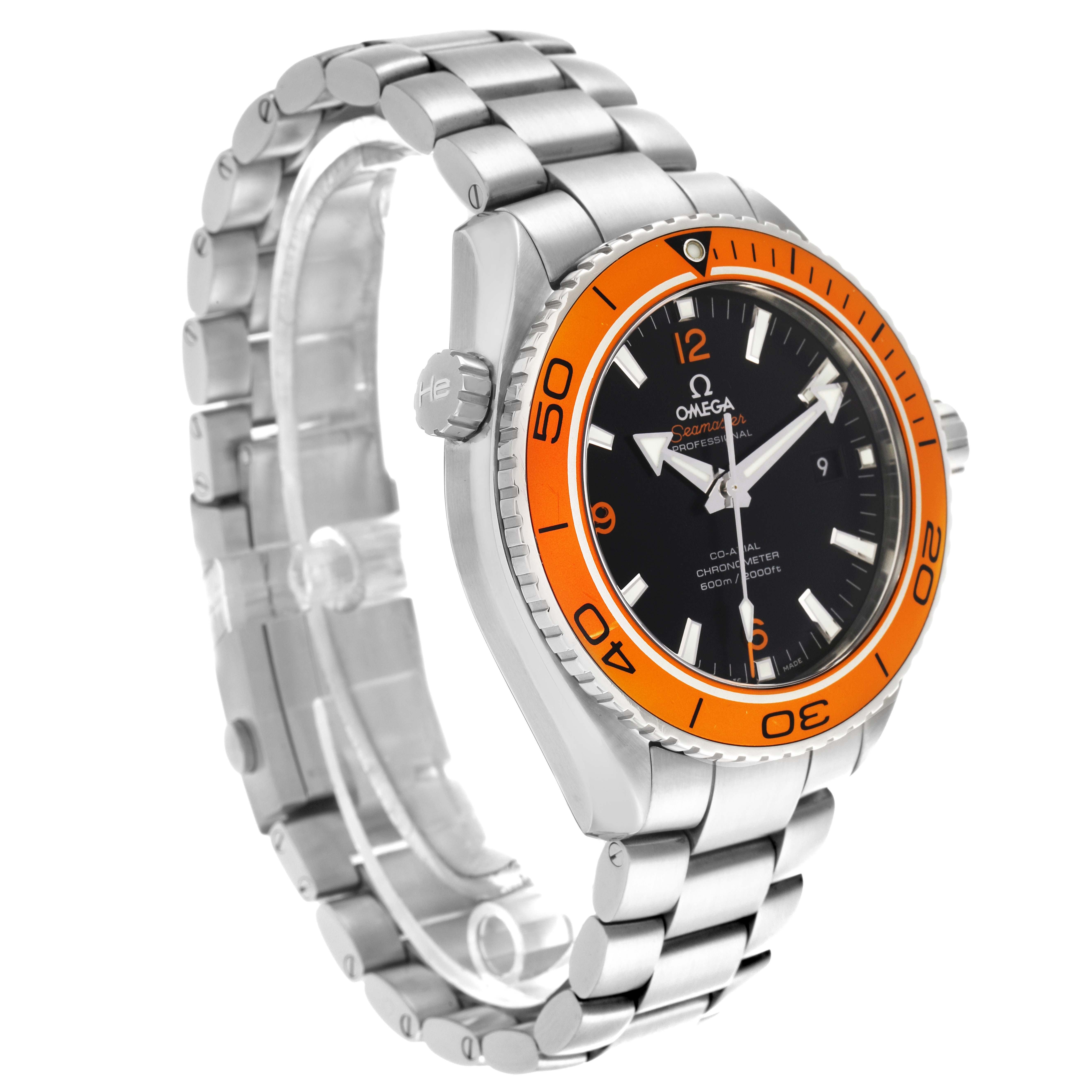 The Omega Speedmaster 232.30.46.21.01.002 Men's Stainless Steel Black Dial 232.30.46.21.01.002 Men's Stainless Steel Black Dial is shown at a three-quarter angle, displaying the bracelet, case, and orange bezel.
