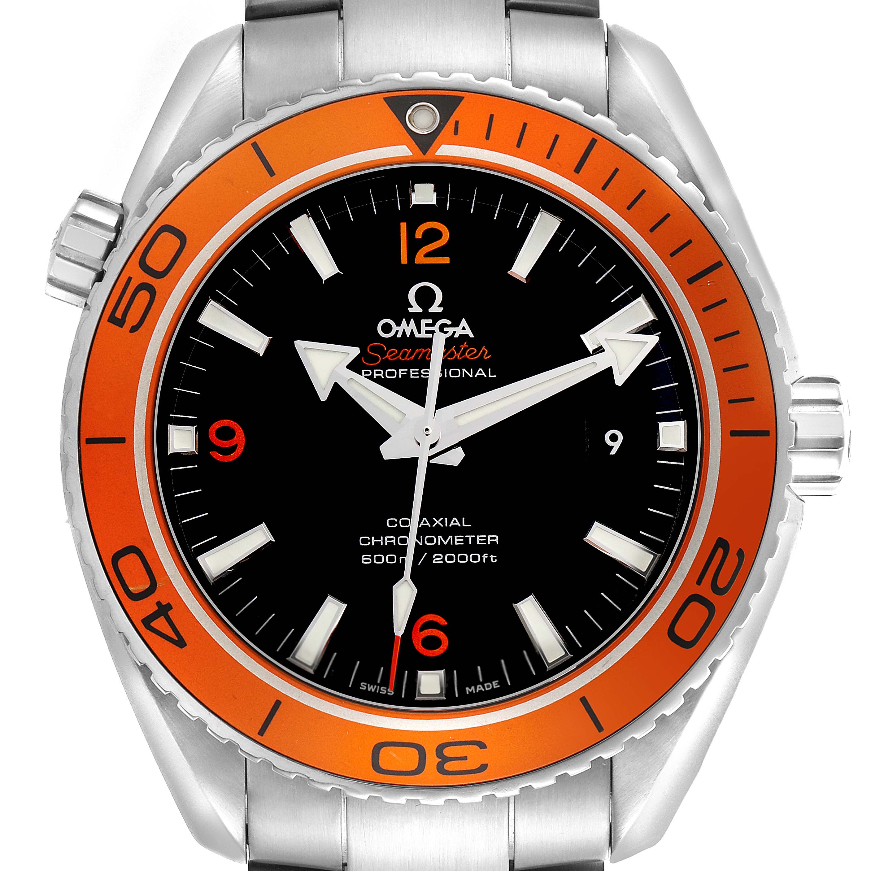 The Omega Speedmaster 232.30.46.21.01.002 Men's Stainless Steel Black Dial 232.30.46.21.01.002 Men's Stainless Steel Black Dial watch is shown from the front, highlighting its face, bezel, and crown.