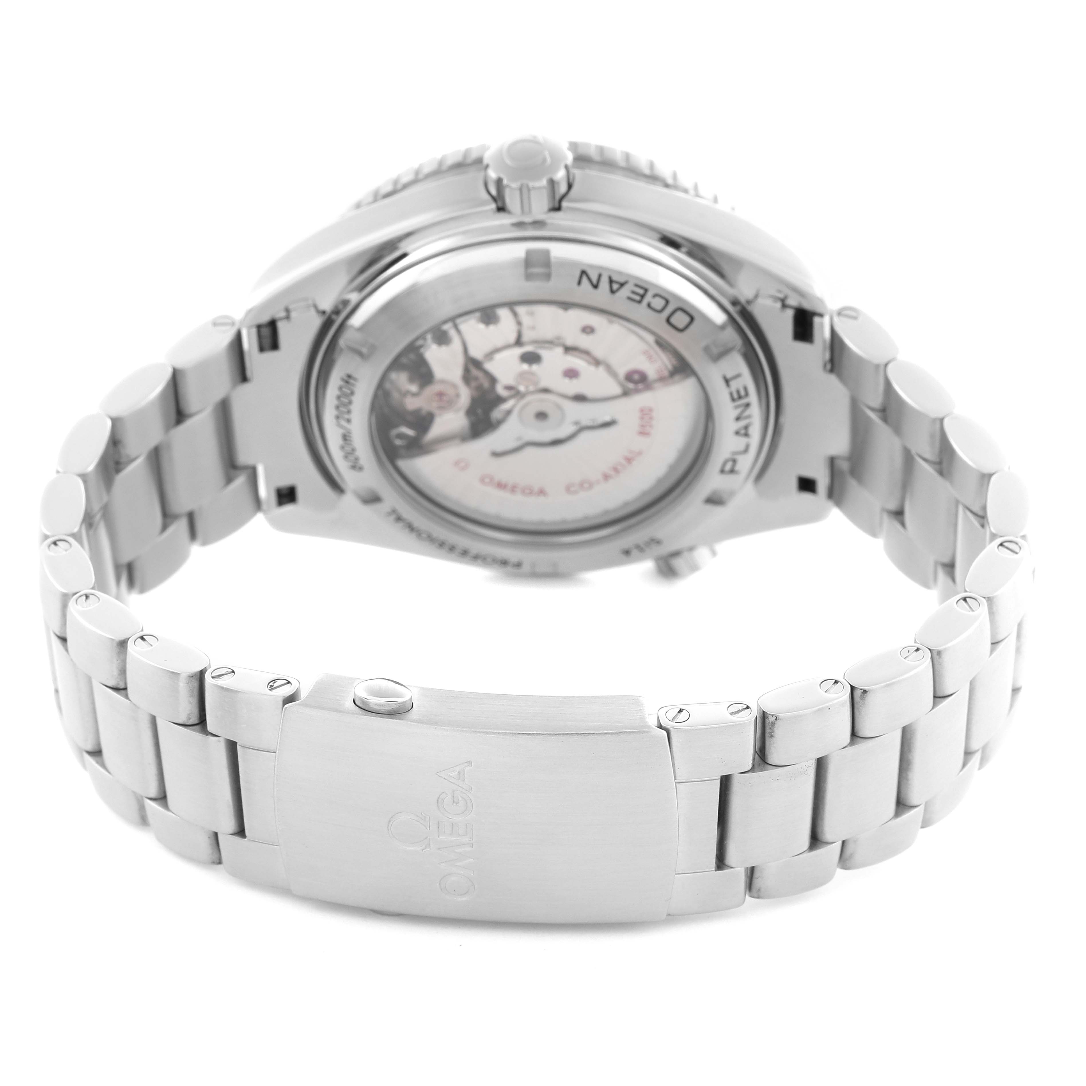 The image shows the back and bracelet of an Omega Speedmaster 232.30.46.21.01.002 Men's Stainless Steel Black Dial 232.30.46.21.01.002 Men's Stainless Steel Black Dial, featuring the clasp and exhibition case back.