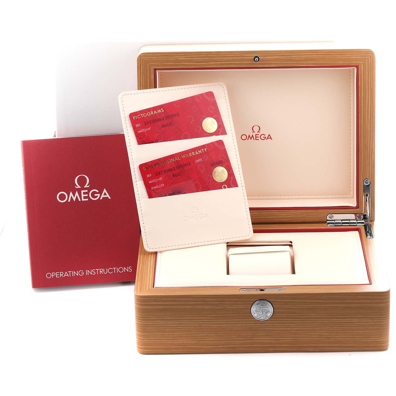 The image shows an Omega Speedmaster 232.30.46.21.01.002 Men's Stainless Steel Black Dial 232.30.46.21.01.002 Men's Stainless Steel Black Dial box with warranty and pictogram cards, and operating instructions, viewed from the front.