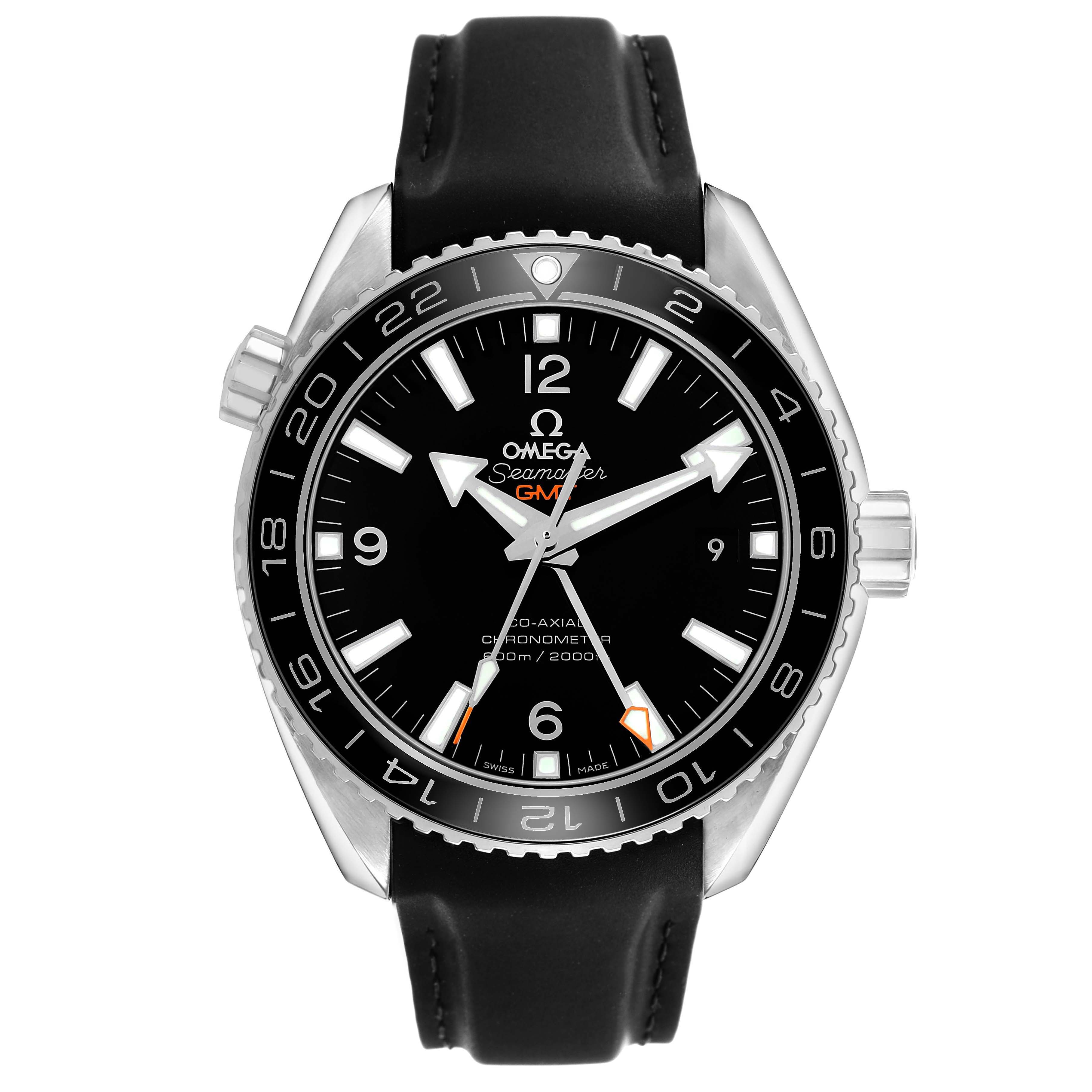 The Omega Planet Ocean 232.32.44.22.01.001 Men's Stainless Steel Black Dial watch is shown from the front, displaying the dial, bezel, case, and strap.