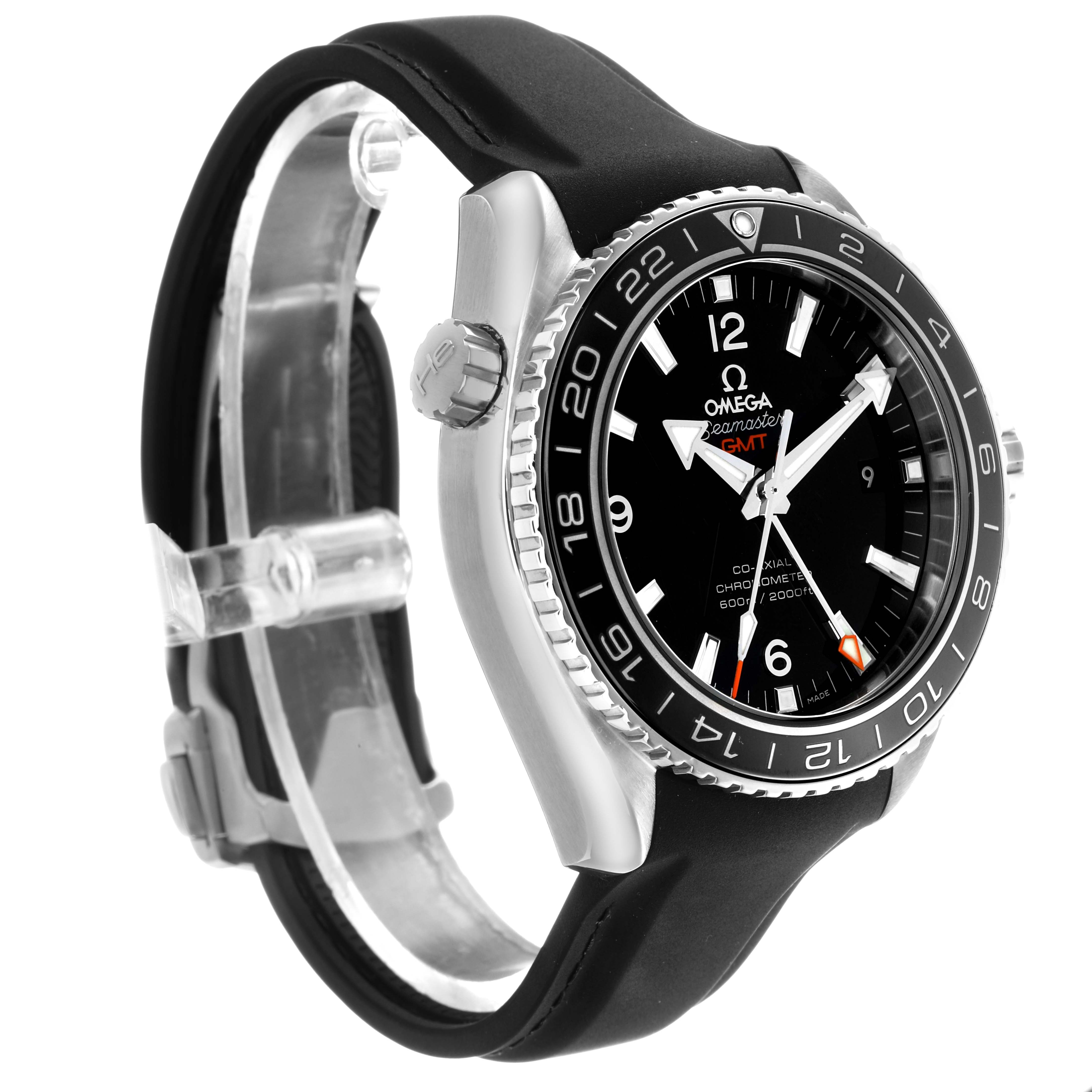 The Omega Planet Ocean 232.32.44.22.01.001 Men's Stainless Steel Black Dial watch is shown at an angle displaying the face, bezel, crown, and rubber strap.