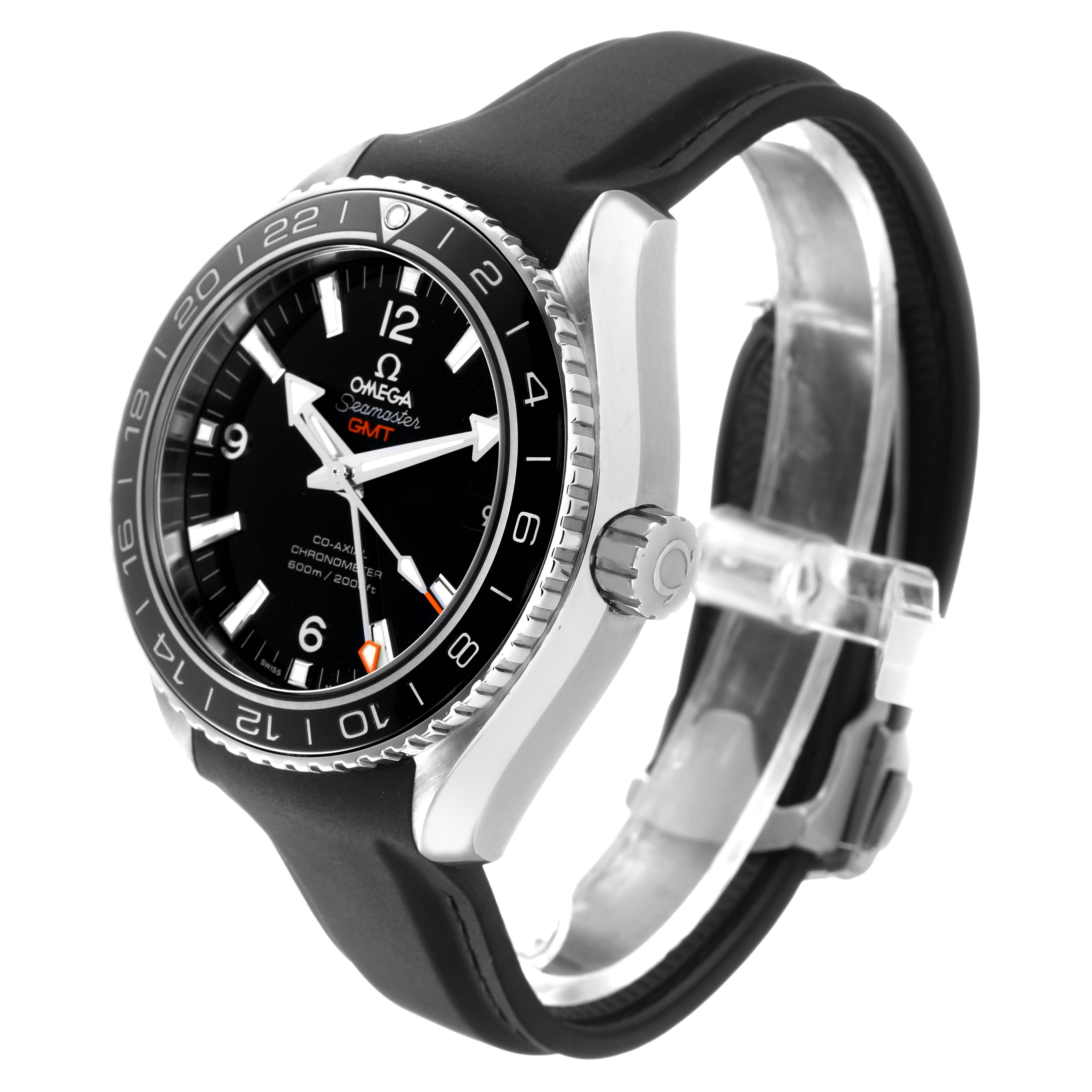 The Omega Planet Ocean 232.32.44.22.01.001 Men's Stainless Steel Black Dial watch is shown from a side angle, highlighting the case, bezel, crown, and rubber strap.