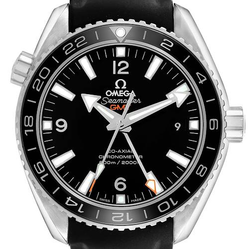 The image shows a frontal view of the Omega Planet Ocean 232.32.44.22.01.001 Men's Stainless Steel Black Dial watch, highlighting the dial, bezel, and crown.
