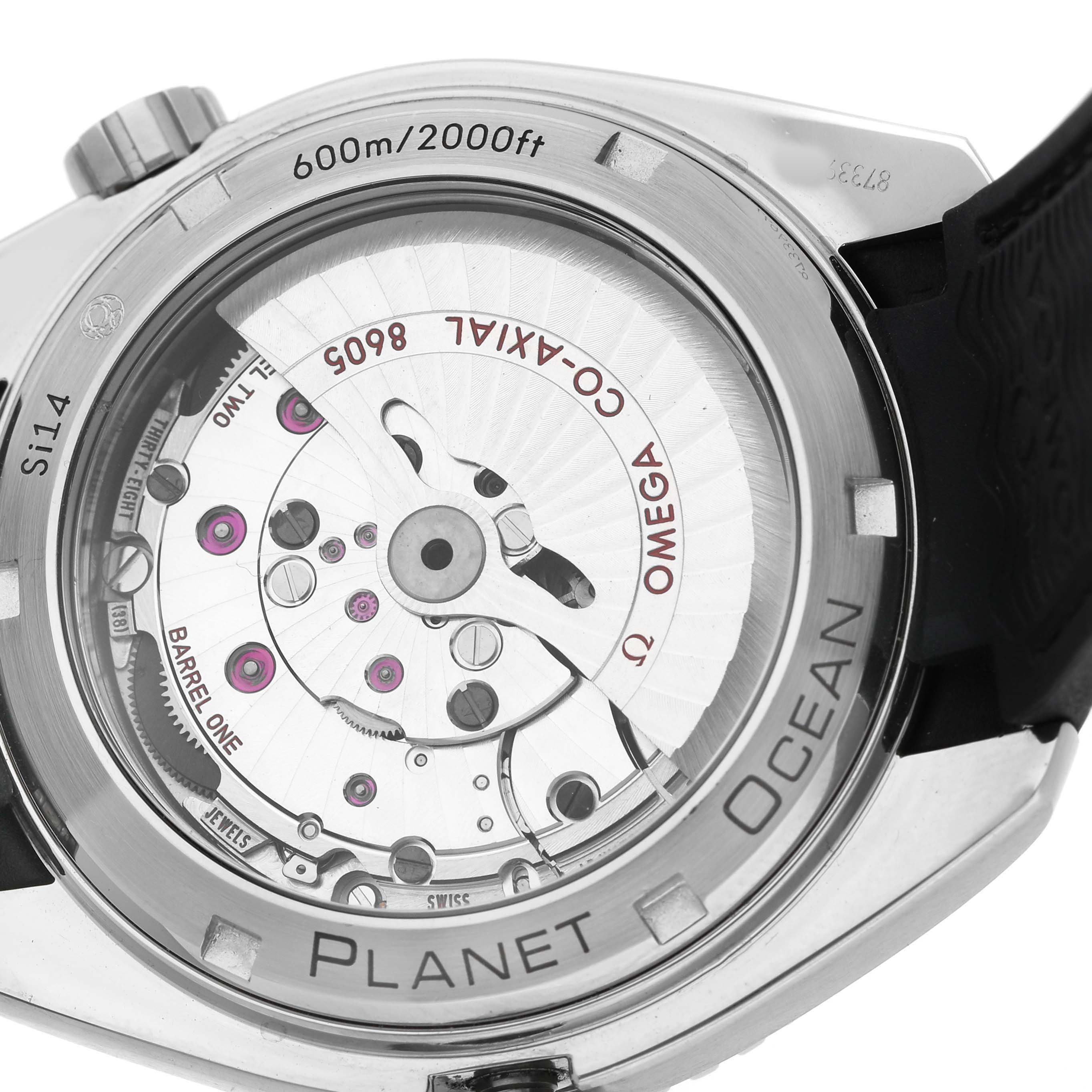The image shows the back view of the Omega Planet Ocean 232.32.44.22.01.001 Men's Stainless Steel Black Dial watch, featuring its exposed mechanical movement.