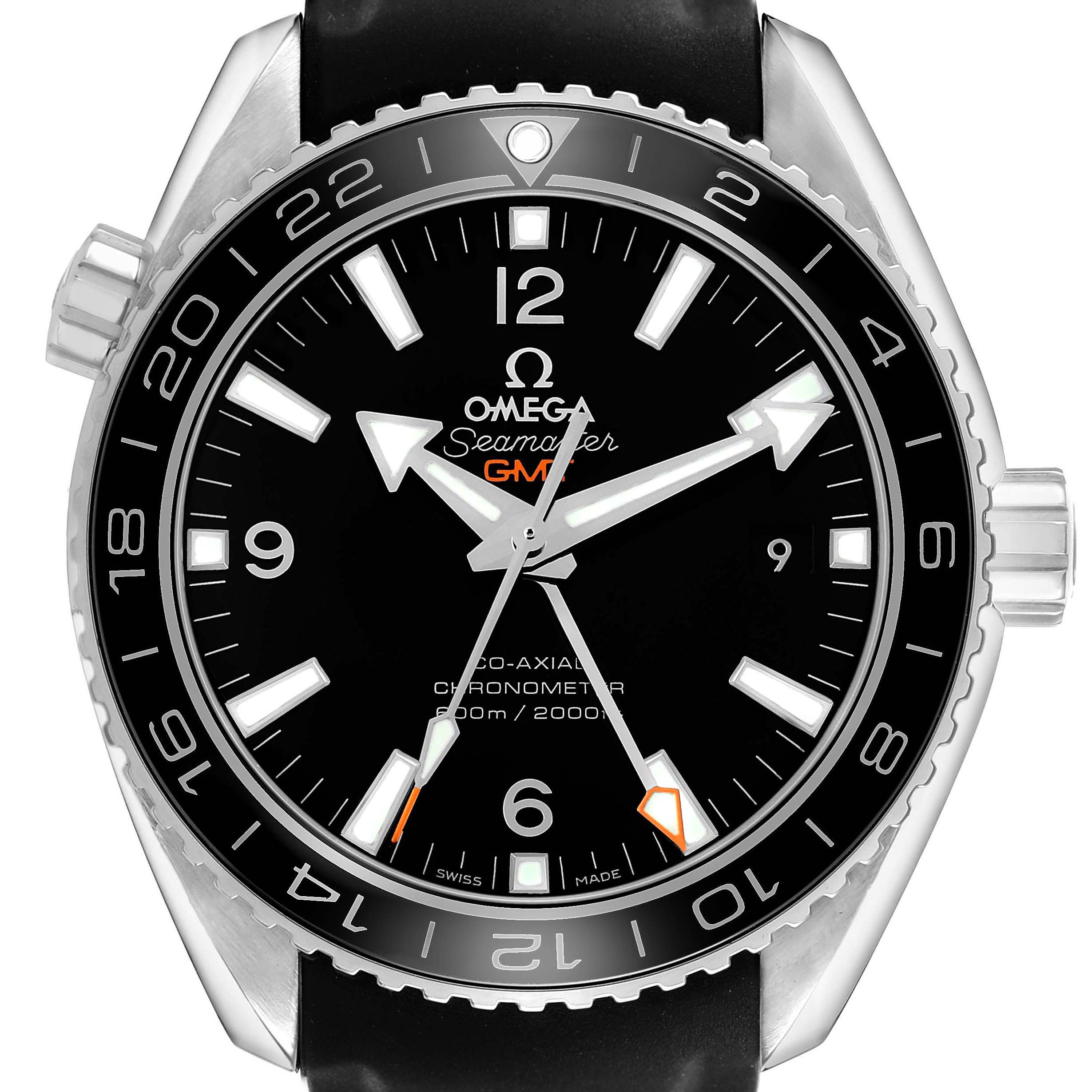 The image shows an Omega Planet Ocean 232.32.44.22.01.001 Men's Stainless Steel Black Dial watch face from the front, highlighting the black dial, bezel, and silver hour markers.