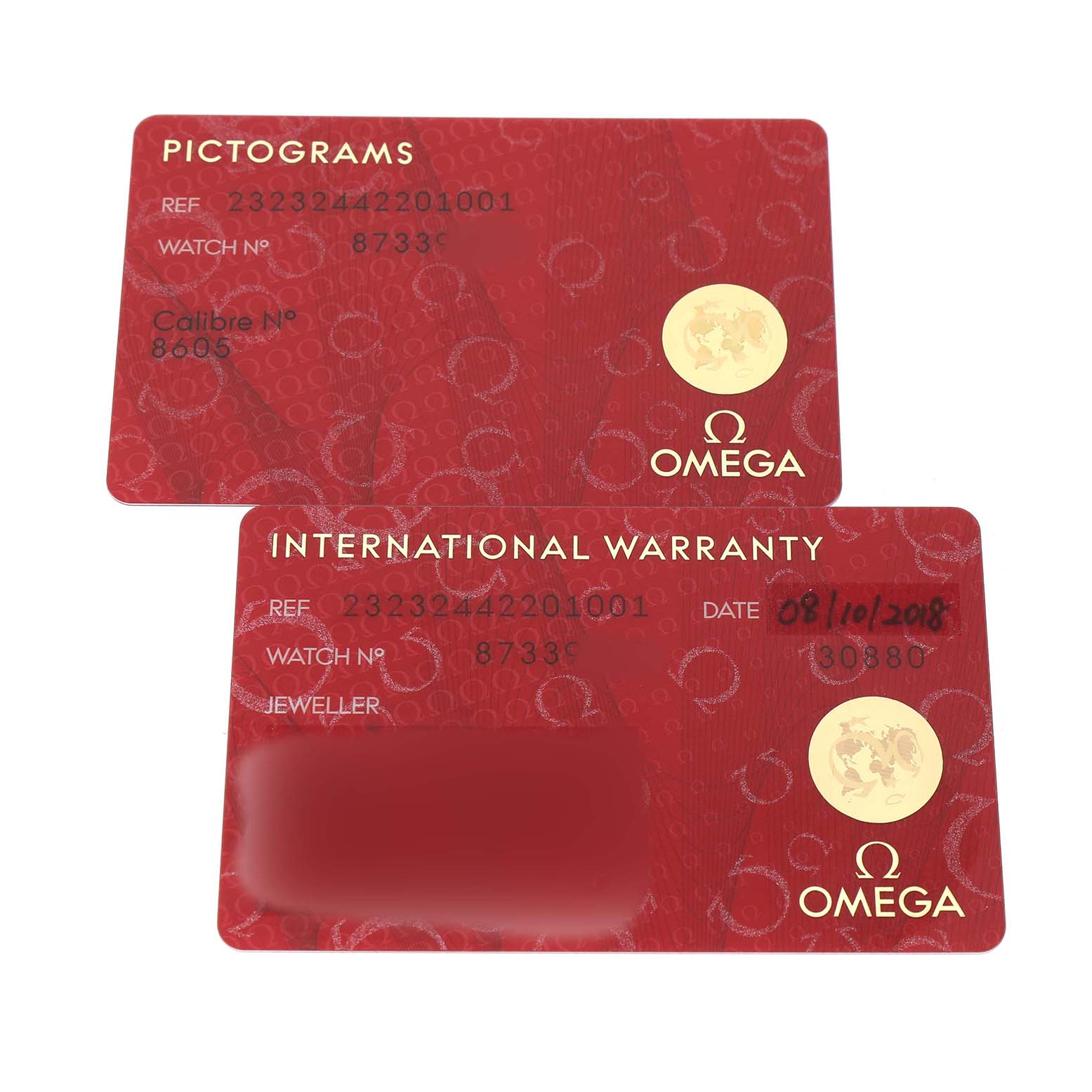 The image shows two Omega Planet Ocean 232.32.44.22.01.001 Men's Stainless Steel Black Dial model cards: a Pictograms card and an International Warranty card.