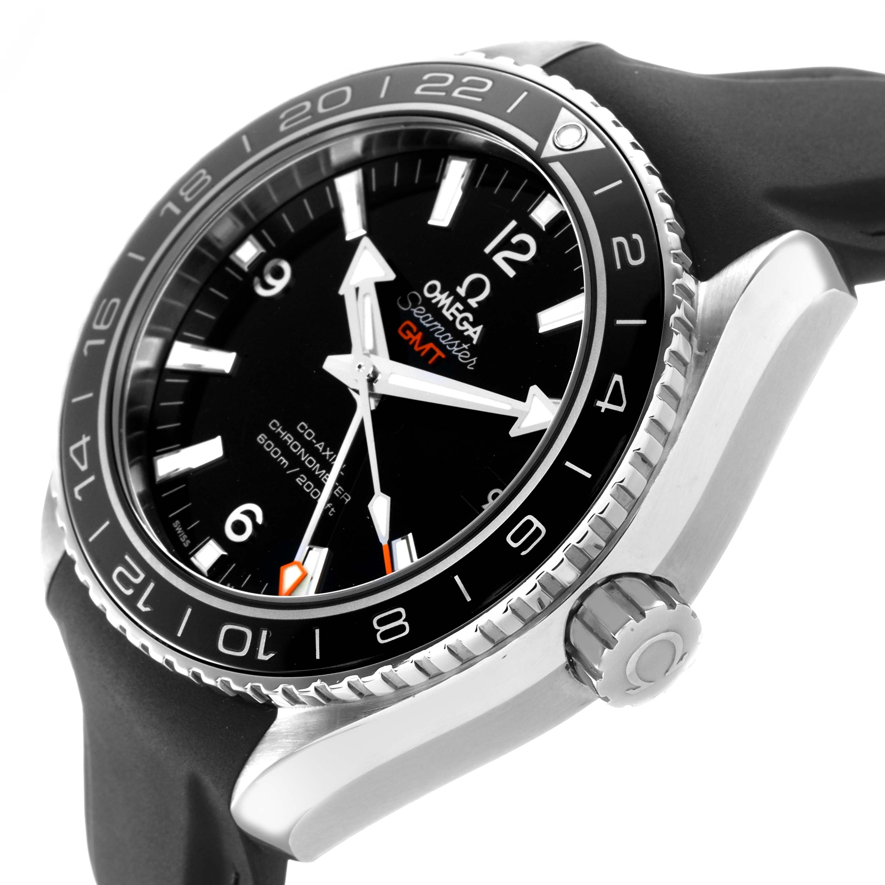 The Omega Planet Ocean 232.32.44.22.01.001 Men's Stainless Steel Black Dial watch is shown at an angled side view, highlighting the bezel, crown, and part of the strap.