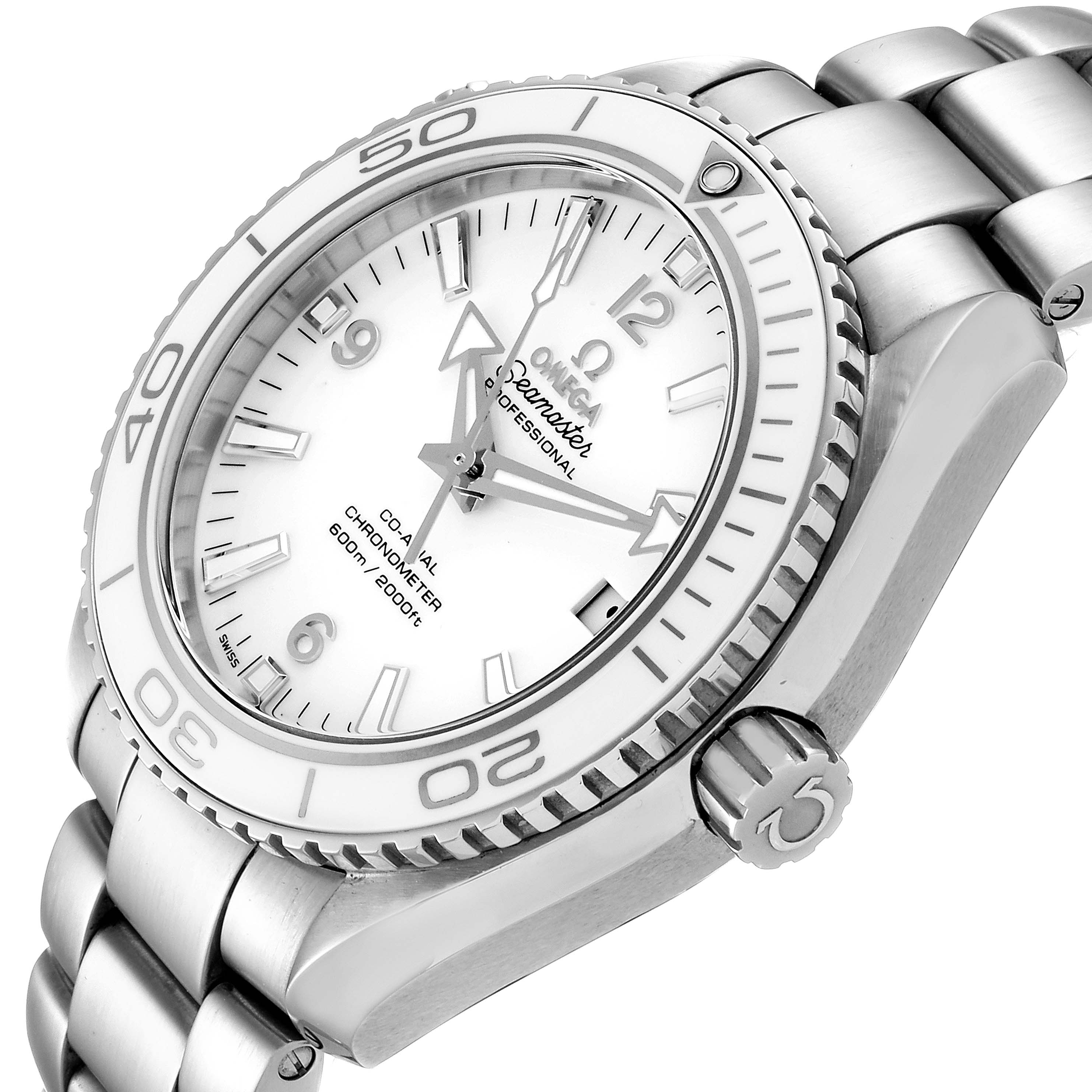 The image shows an angled view of the Omega Planet Ocean 232.30.42.21.04.001 Men's Stainless Steel White Dial 232.30.42.21.04.001 Men's Stainless Steel White Dial watch, highlighting its dial, bezel, and bracelet.