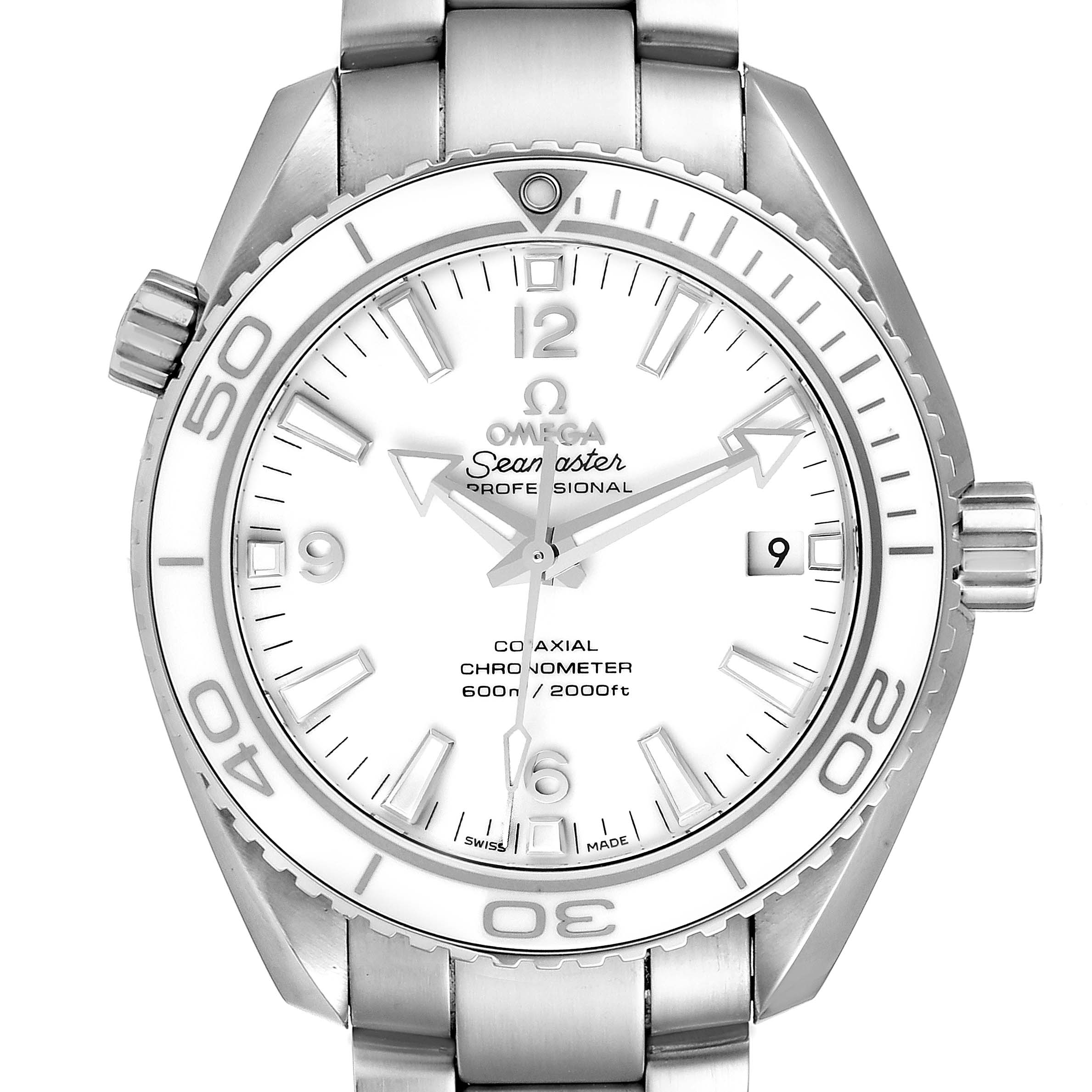 The image shows a frontal view of an Omega Planet Ocean 232.30.42.21.04.001 Men's Stainless Steel White Dial 232.30.42.21.04.001 Men's Stainless Steel White Dial model, highlighting the dial, bezel, crown, and bracelet.