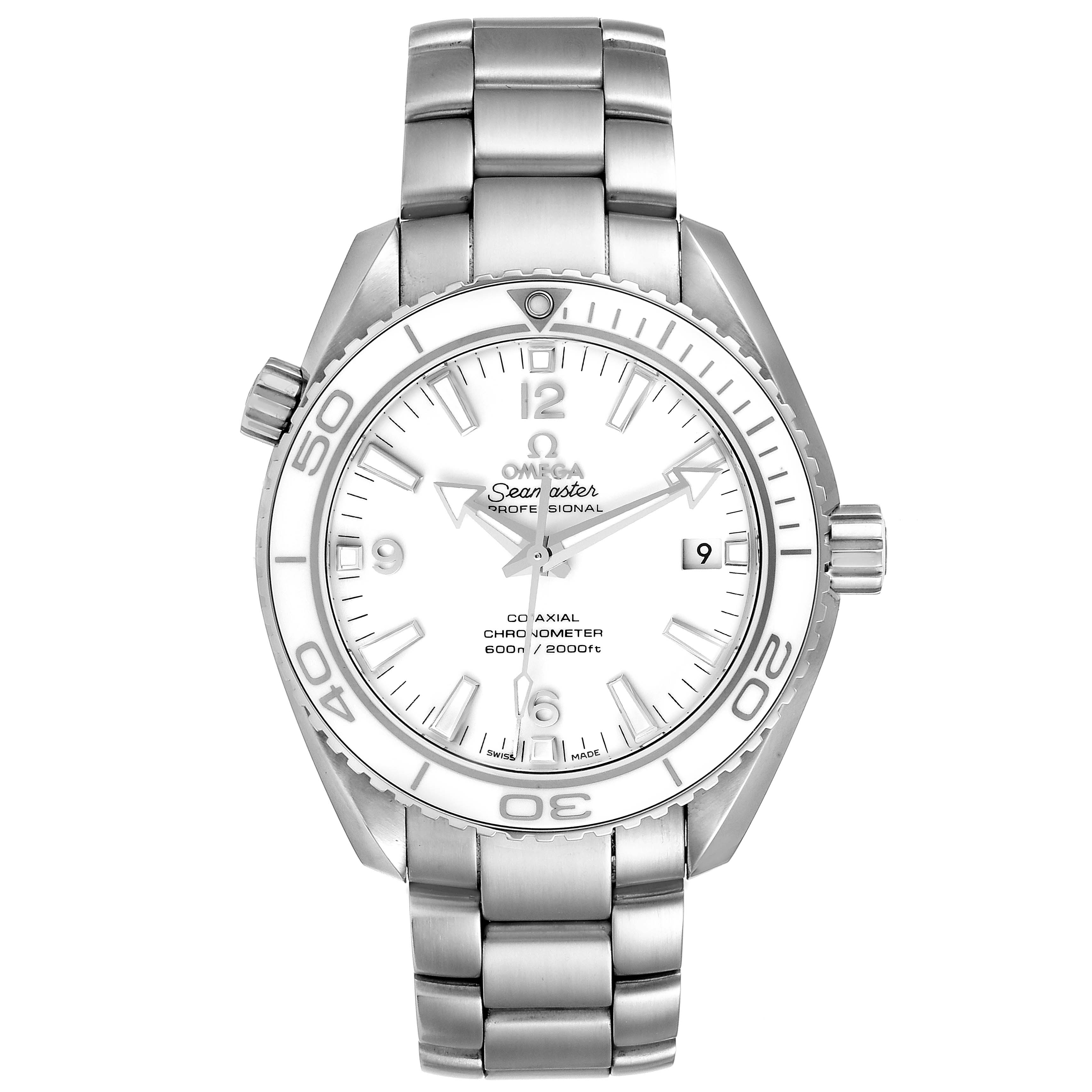 The image shows a front view of an Omega Planet Ocean 232.30.42.21.04.001 Men's Stainless Steel White Dial 232.30.42.21.04.001 Men's Stainless Steel White Dial watch, displaying the face, bezel, bracelet, and crown.