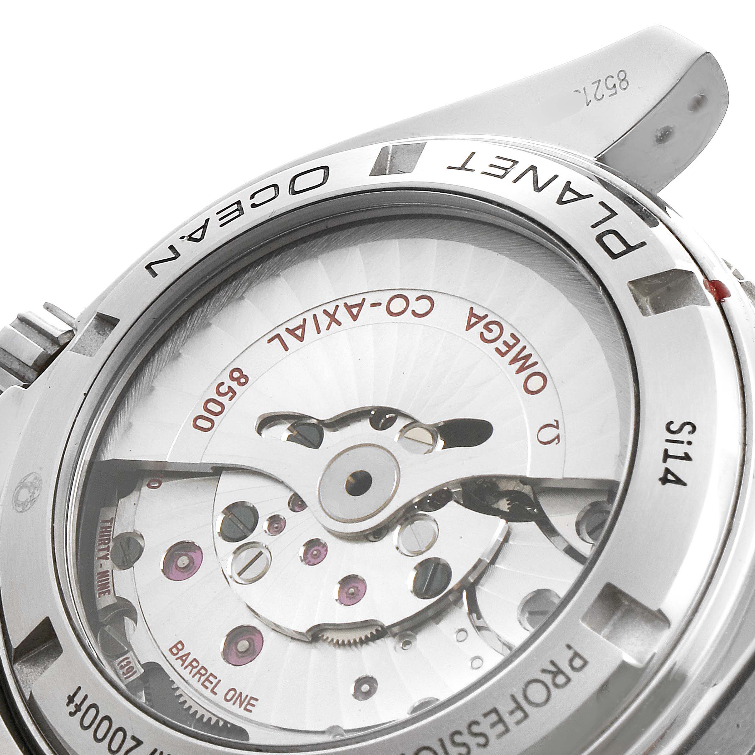 This image shows the back of the Omega Planet Ocean 232.30.42.21.04.001 Men's Stainless Steel White Dial 232.30.42.21.04.001 Men's Stainless Steel White Dial watch, displaying the movement mechanism through the transparent caseback.