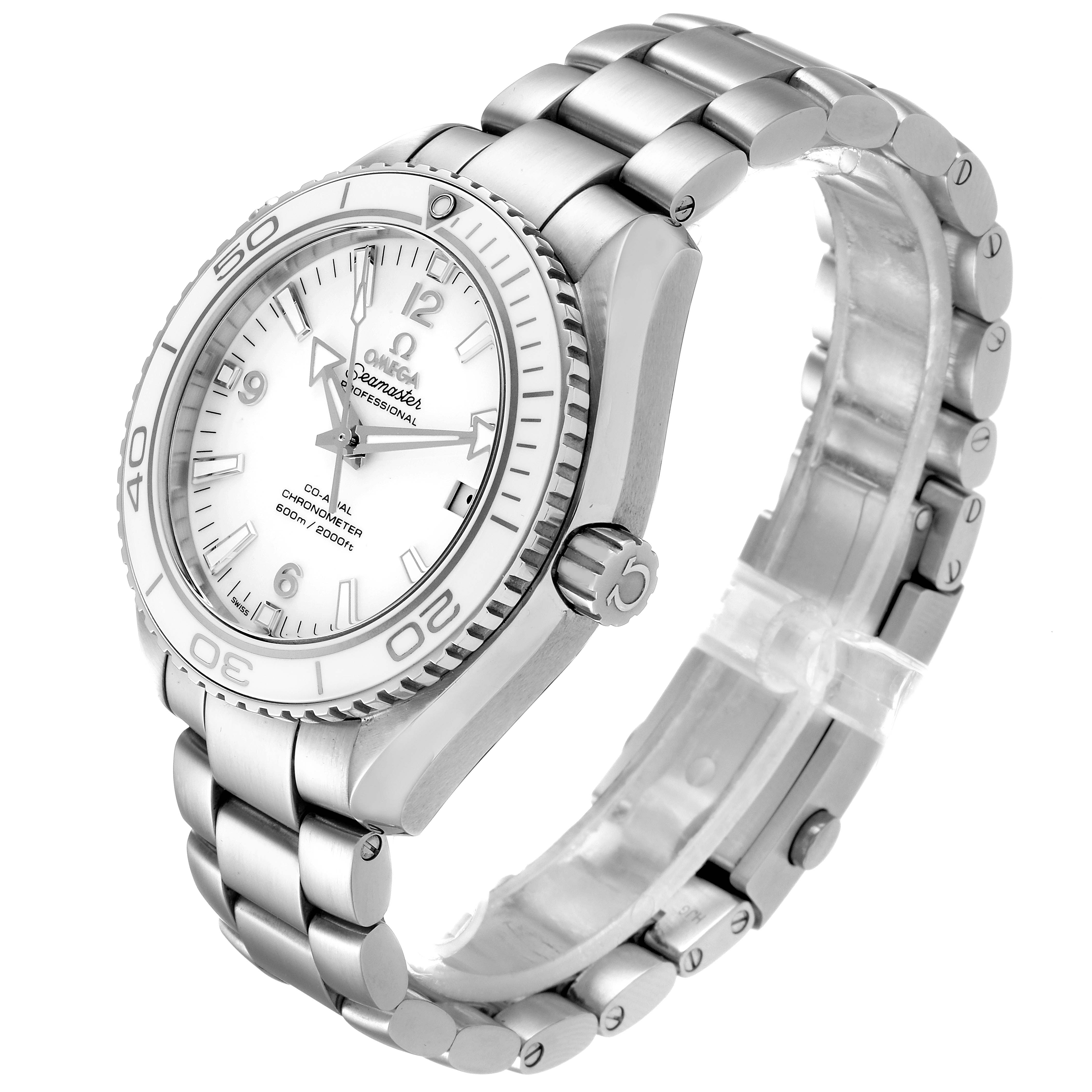 The Omega Planet Ocean 232.30.42.21.04.001 Men's Stainless Steel White Dial 232.30.42.21.04.001 Men's Stainless Steel White Dial watch is shown at an angled side view, displaying its face, bezel, crown, and stainless steel bracelet.