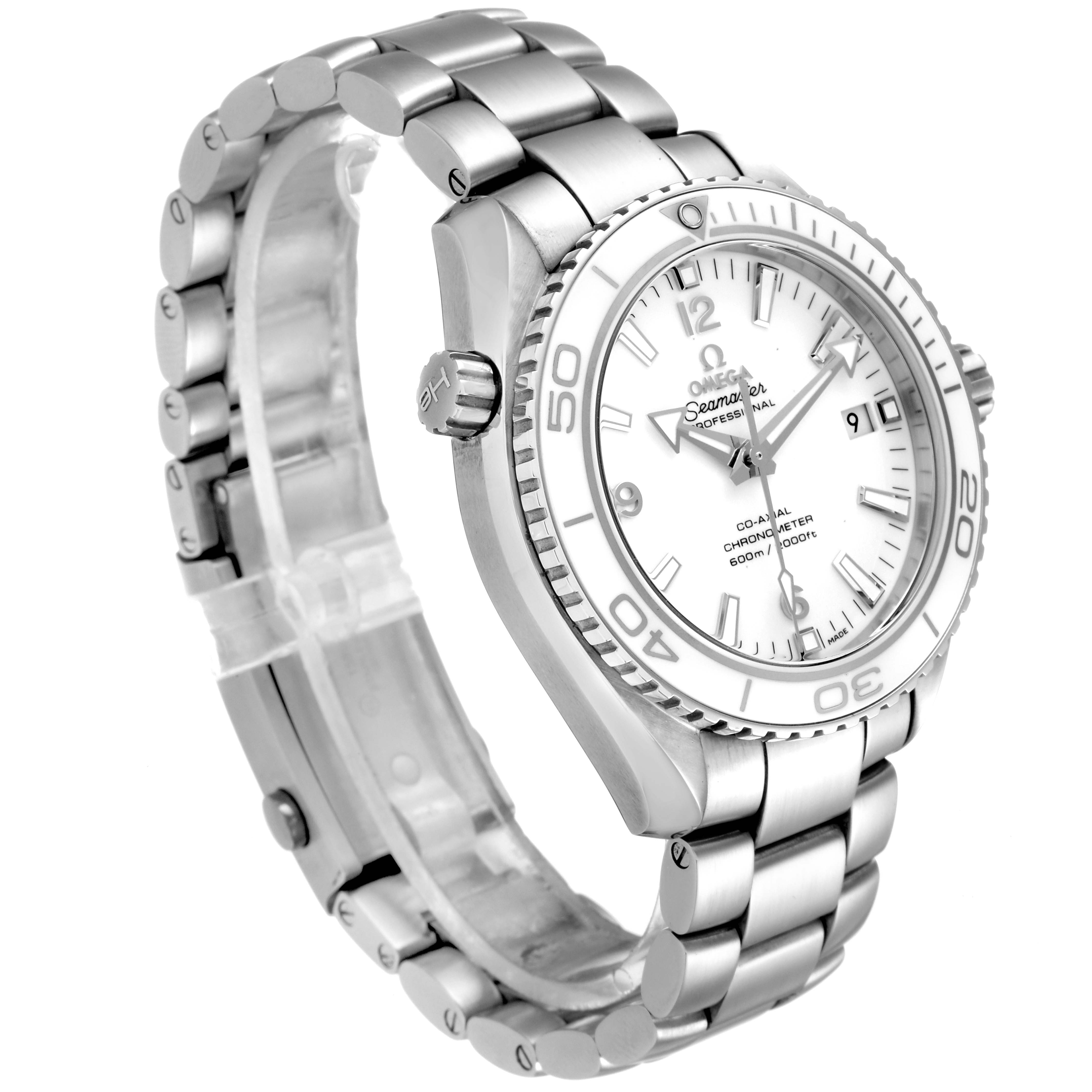The image shows a side angle view of the Omega Planet Ocean 232.30.42.21.04.001 Men's Stainless Steel White Dial 232.30.42.21.04.001 Men's Stainless Steel White Dial watch, highlighting the dial, bezel, crown, and metal bracelet.