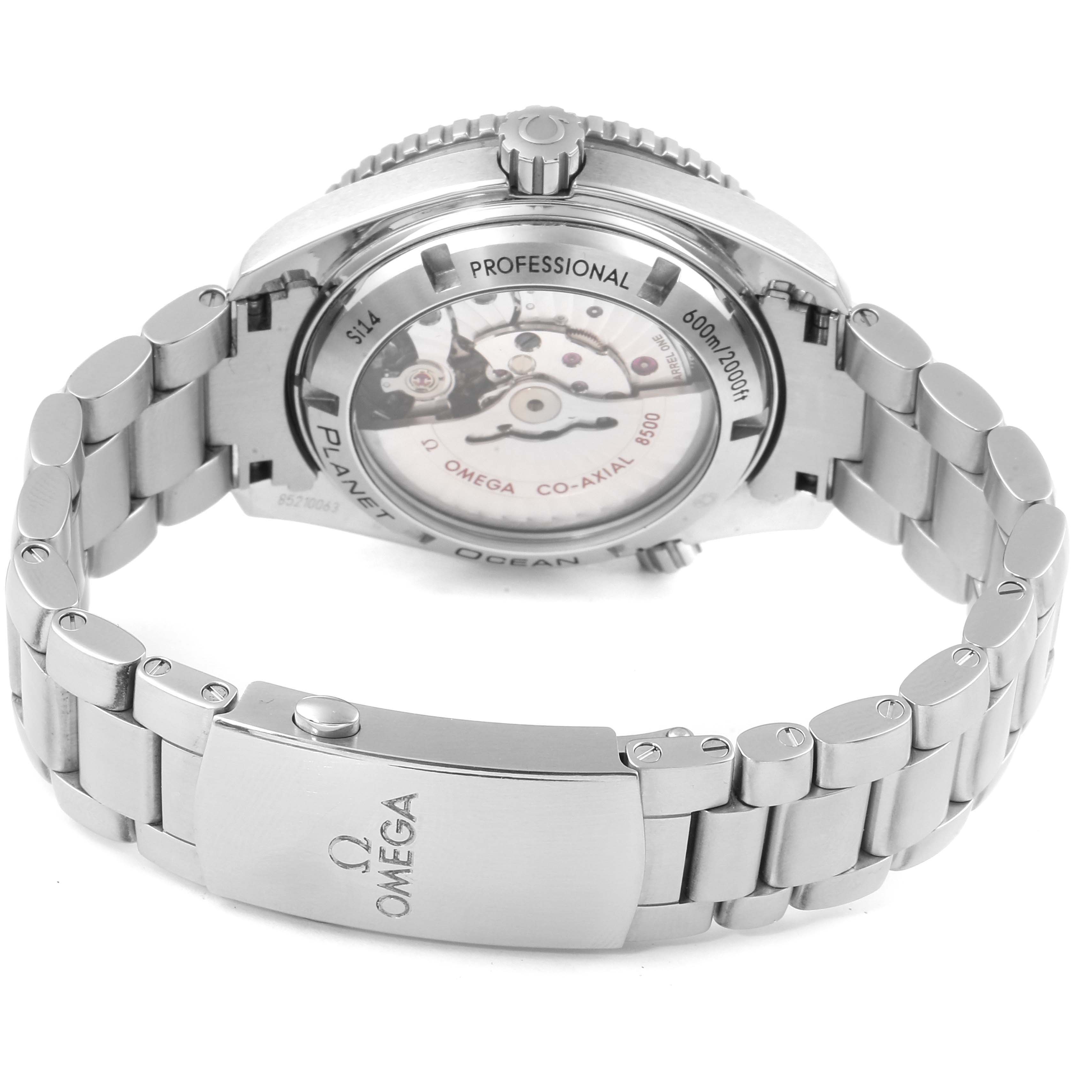 The image shows the back and clasp of the Omega Planet Ocean 232.30.42.21.04.001 Men's Stainless Steel White Dial 232.30.42.21.04.001 Men's Stainless Steel White Dial watch, highlighting the transparent case back and metal bracelet.