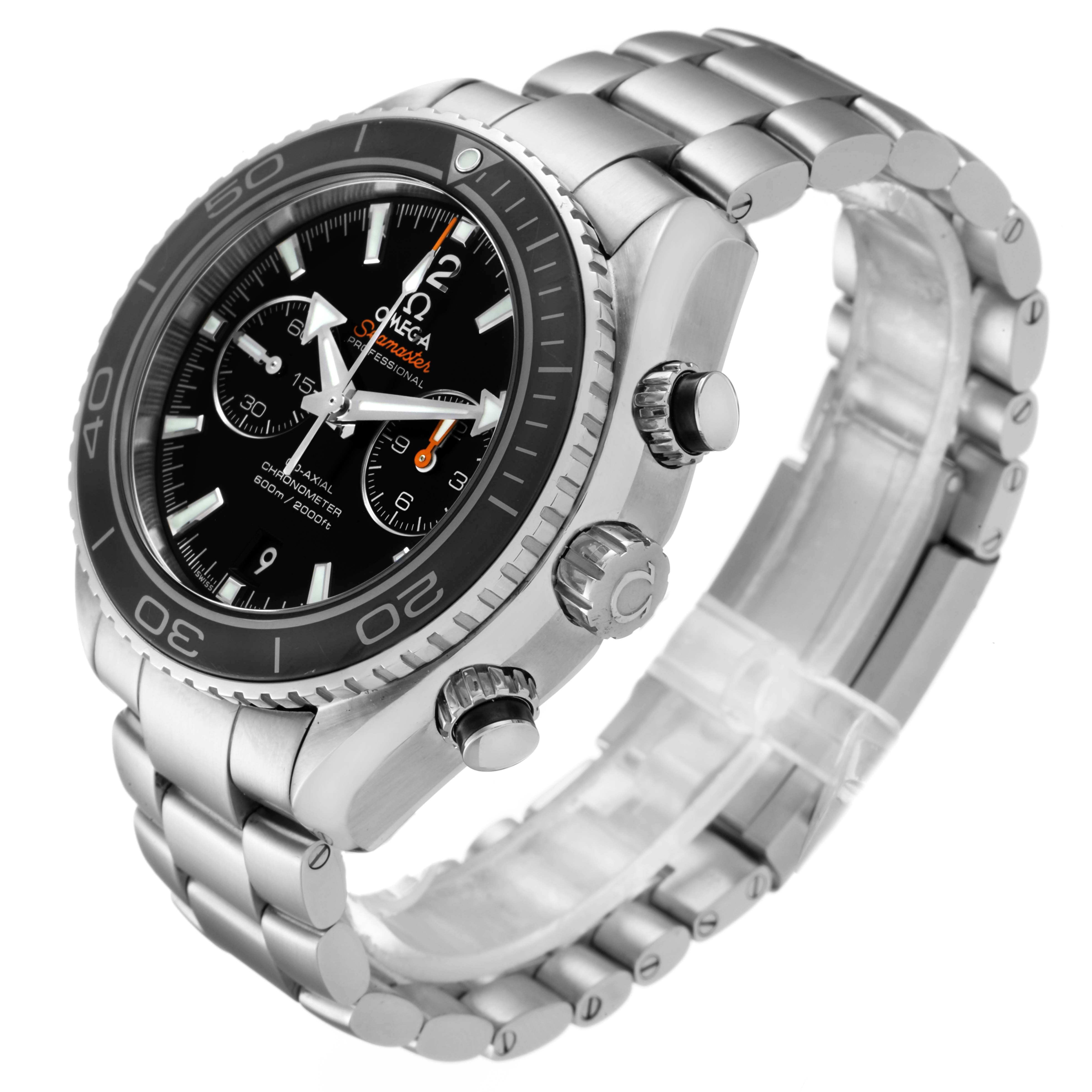 The image shows an Omega Planet Ocean 232.30.46.51.01.001 Men's Stainless Steel Black Dial 232.30.46.51.01.001 Men's Stainless Steel Black Dial watch at a three-quarter angle, showcasing the dial, bezel, crown, and metal strap.