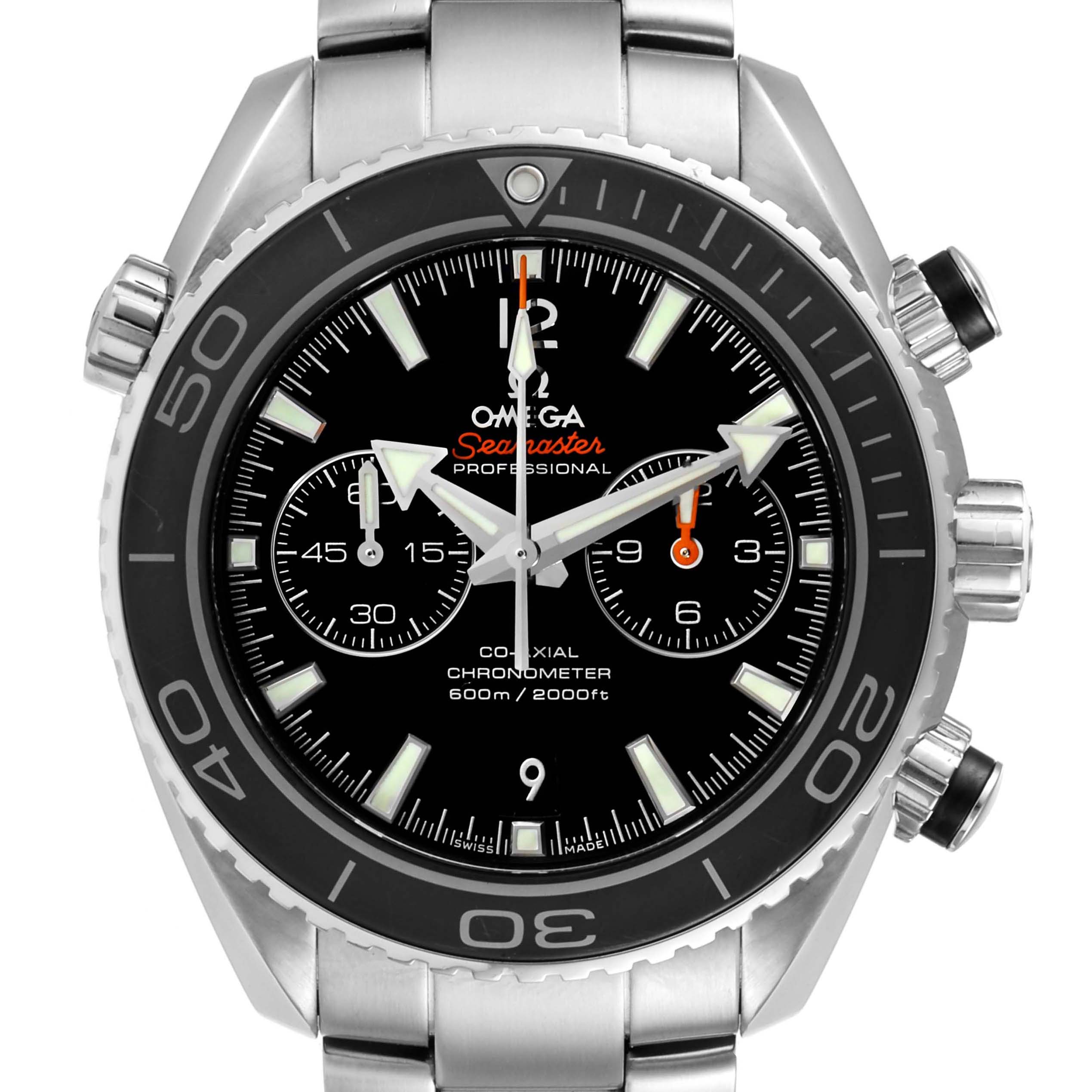 The image shows a front view of the Omega Seamaster Planet Ocean, featuring its bezel, dial, subdials, and stainless steel bracelet.
