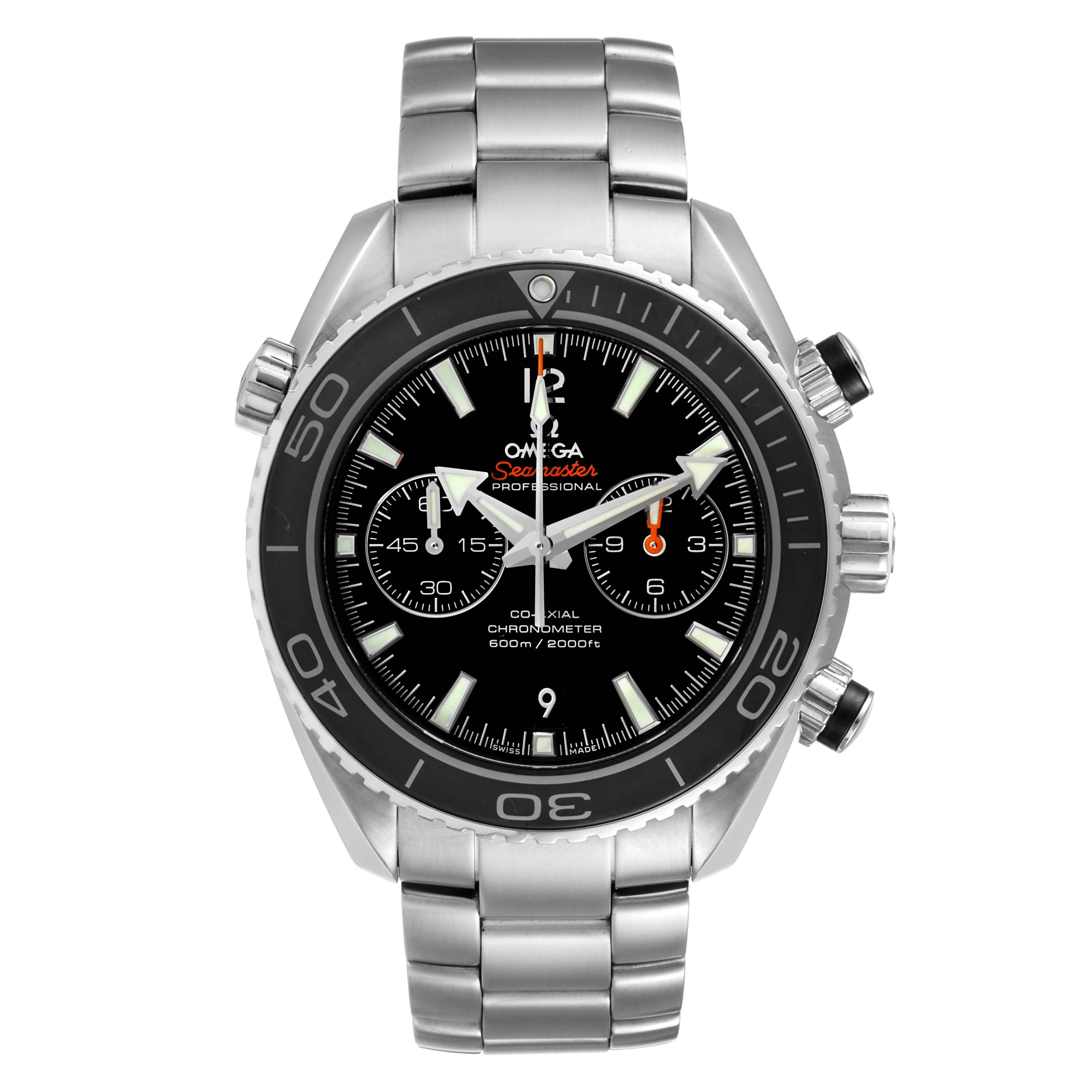 This image shows a frontal view of the Omega Planet Ocean 232.30.46.51.01.001 Men's Stainless Steel Black Dial 232.30.46.51.01.001 Men's Stainless Steel Black Dial watch, highlighting its dial, bezel, and bracelet.