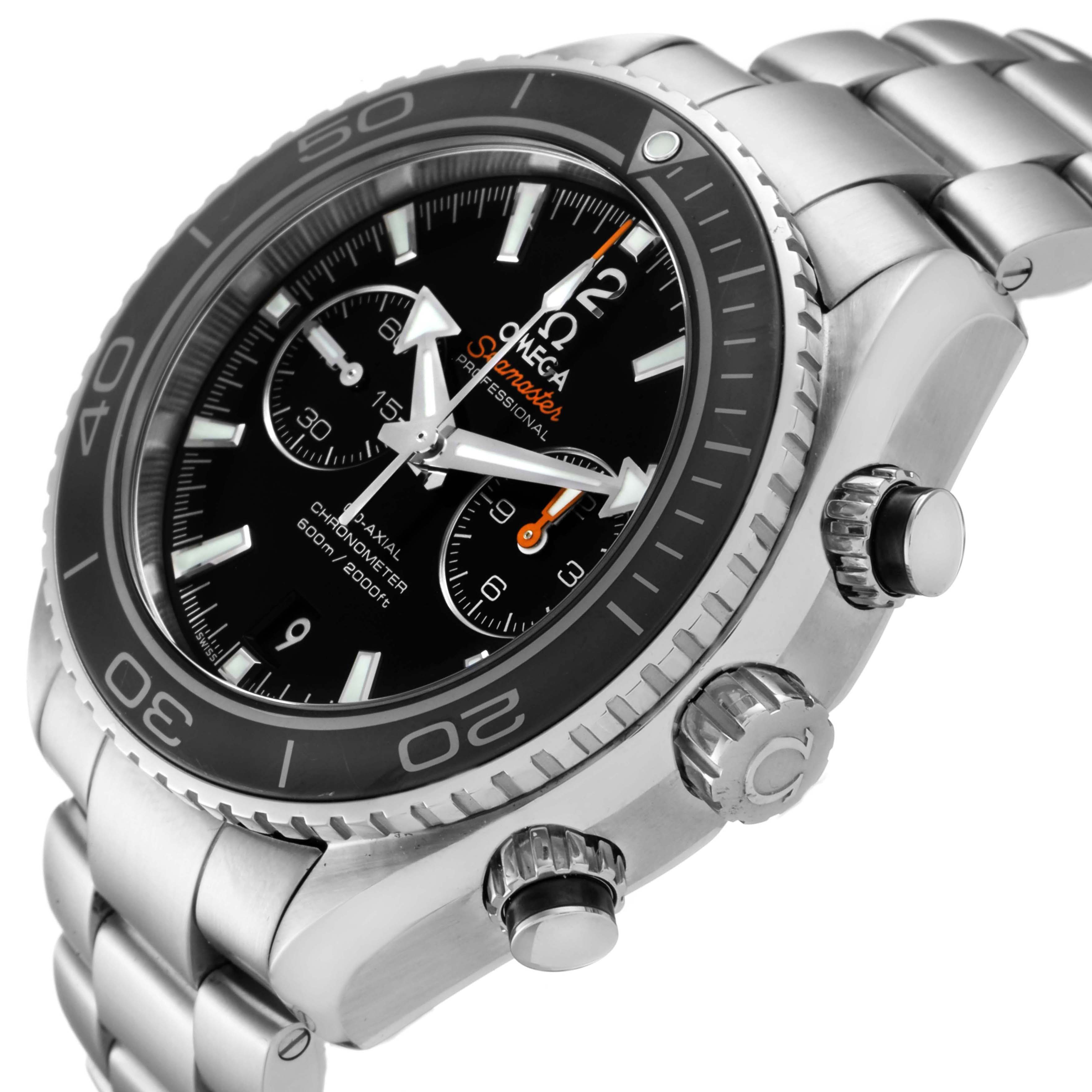 The Omega Planet Ocean 232.30.46.51.01.001 Men's Stainless Steel Black Dial 232.30.46.51.01.001 Men's Stainless Steel Black Dial watch is shown at an angled view displaying the face, bezel, bracelet, crown, and pushers.