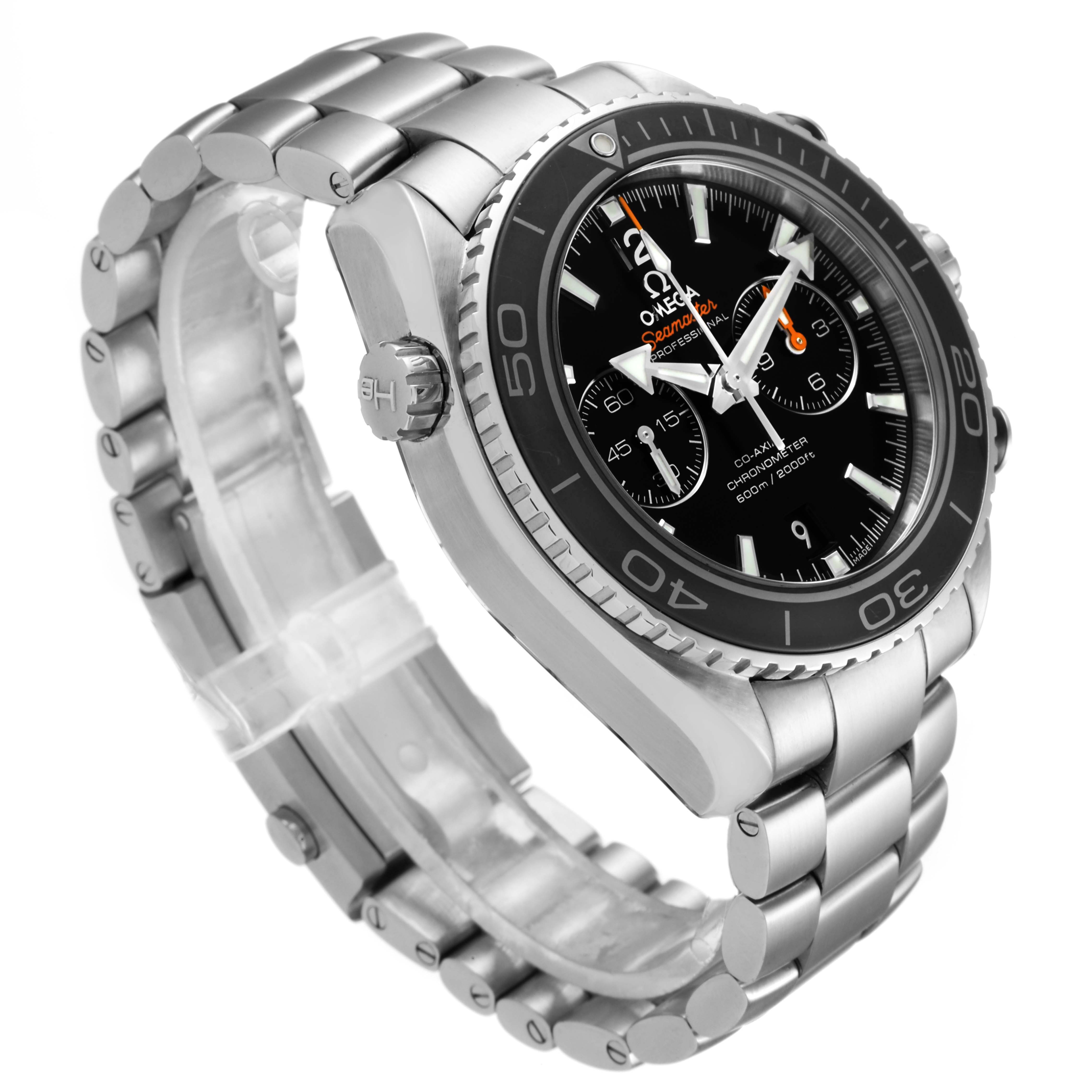 The Omega Planet Ocean 232.30.46.51.01.001 Men's Stainless Steel Black Dial 232.30.46.51.01.001 Men's Stainless Steel Black Dial watch is shown at an angle highlighting its face, bezel, crown, and stainless steel bracelet.