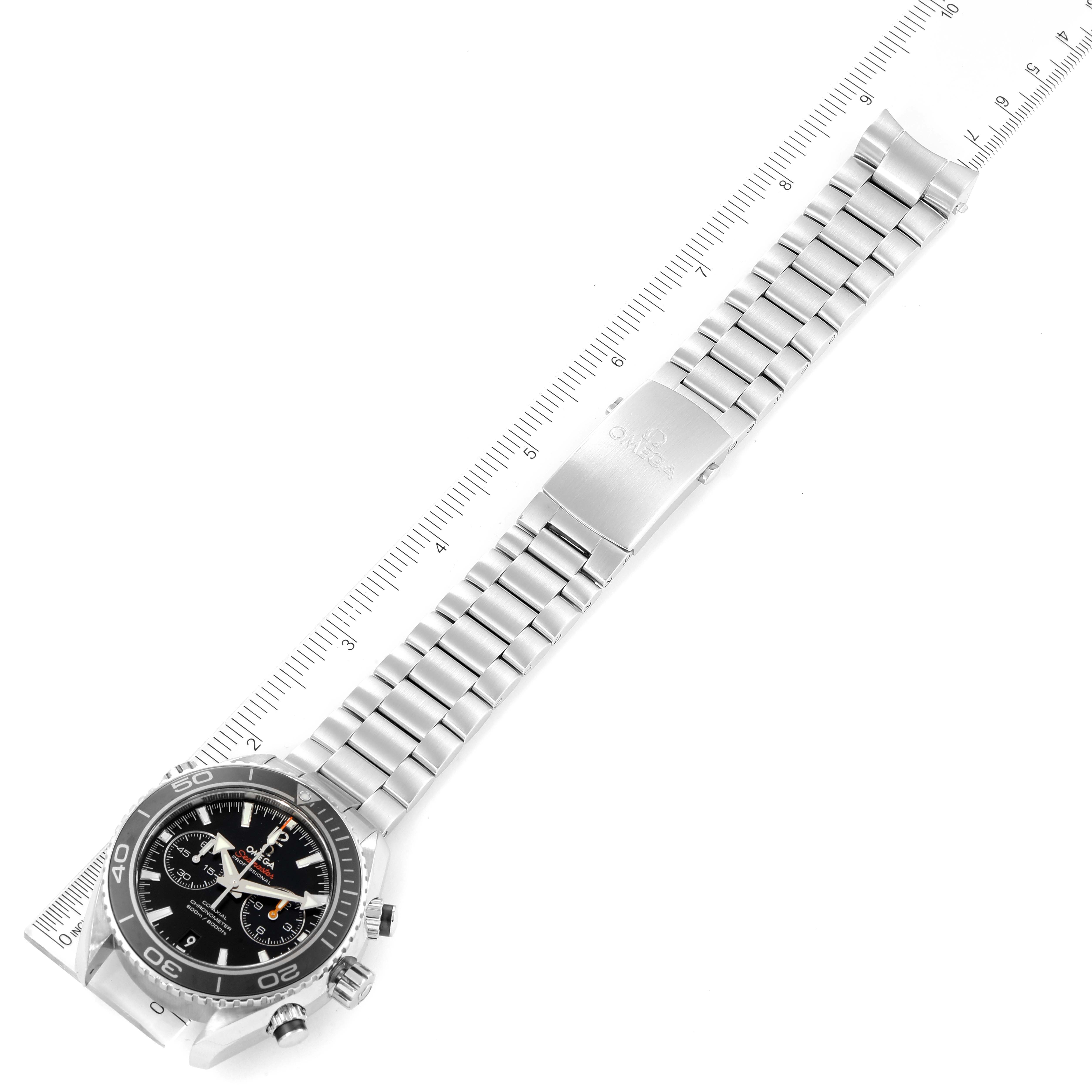 The image shows an Omega Planet Ocean 232.30.46.51.01.001 Men
s Stainless Steel Black Dial 232.30.46.51.01.001 Men
s Stainless Steel Black Dial watch at an oblique angle, highlighting the stainless steel bracelet and bezel.