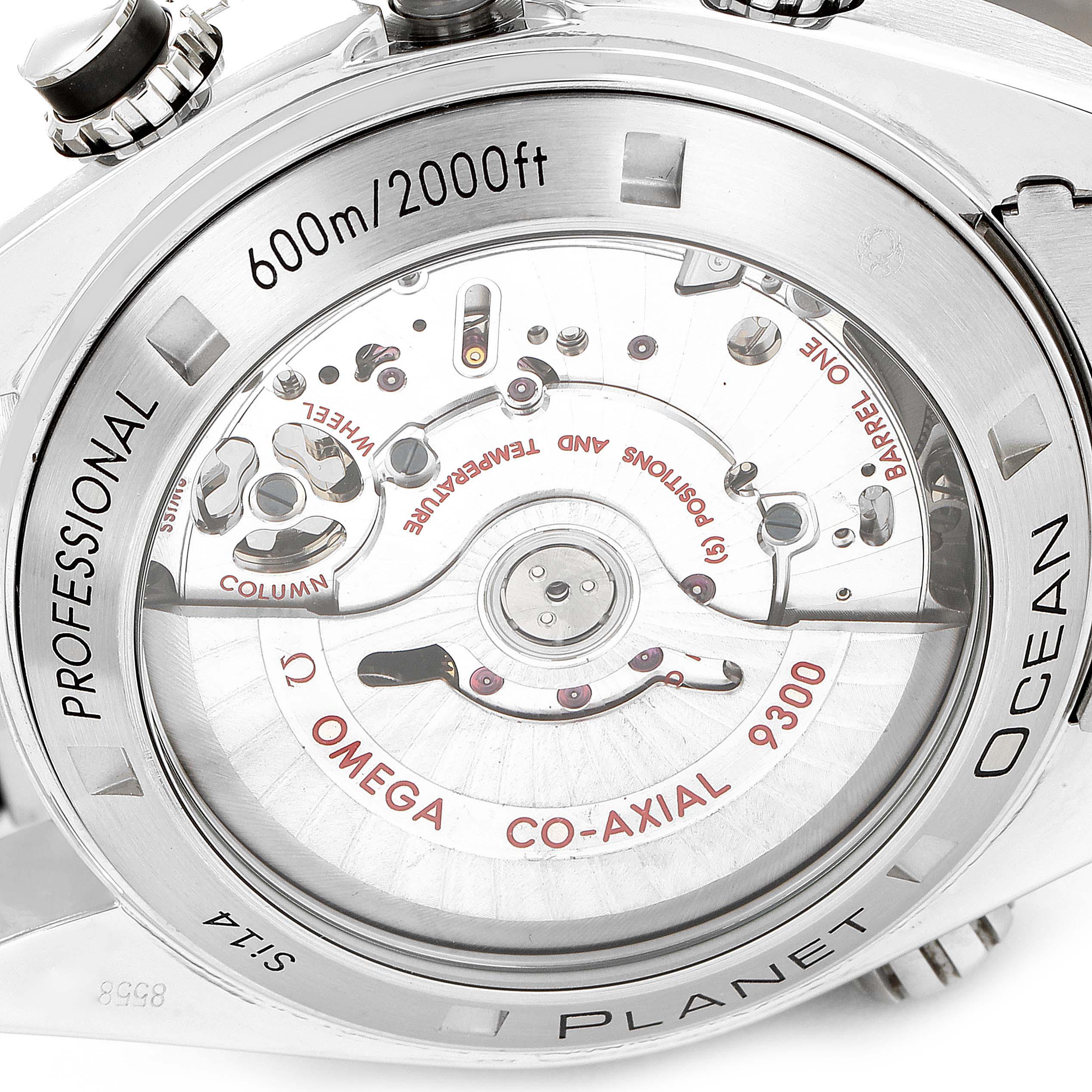 The image shows the back view of the Omega Planet Ocean 232.30.46.51.01.001 Men
s Stainless Steel Black Dial 232.30.46.51.01.001 Men
s Stainless Steel Black Dial watch, revealing the movement mechanism with the inscriptions clearly visible.